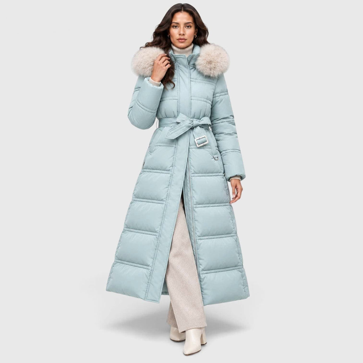 Women's Long Belted Puffer Coat With Fur Trim Hood | Nadine_17
