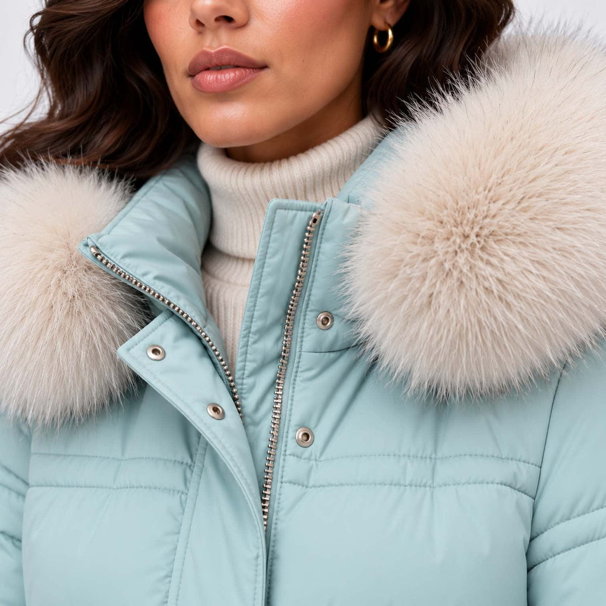 Women's Long Belted Puffer Coat With Fur Trim Hood | Nadine_19