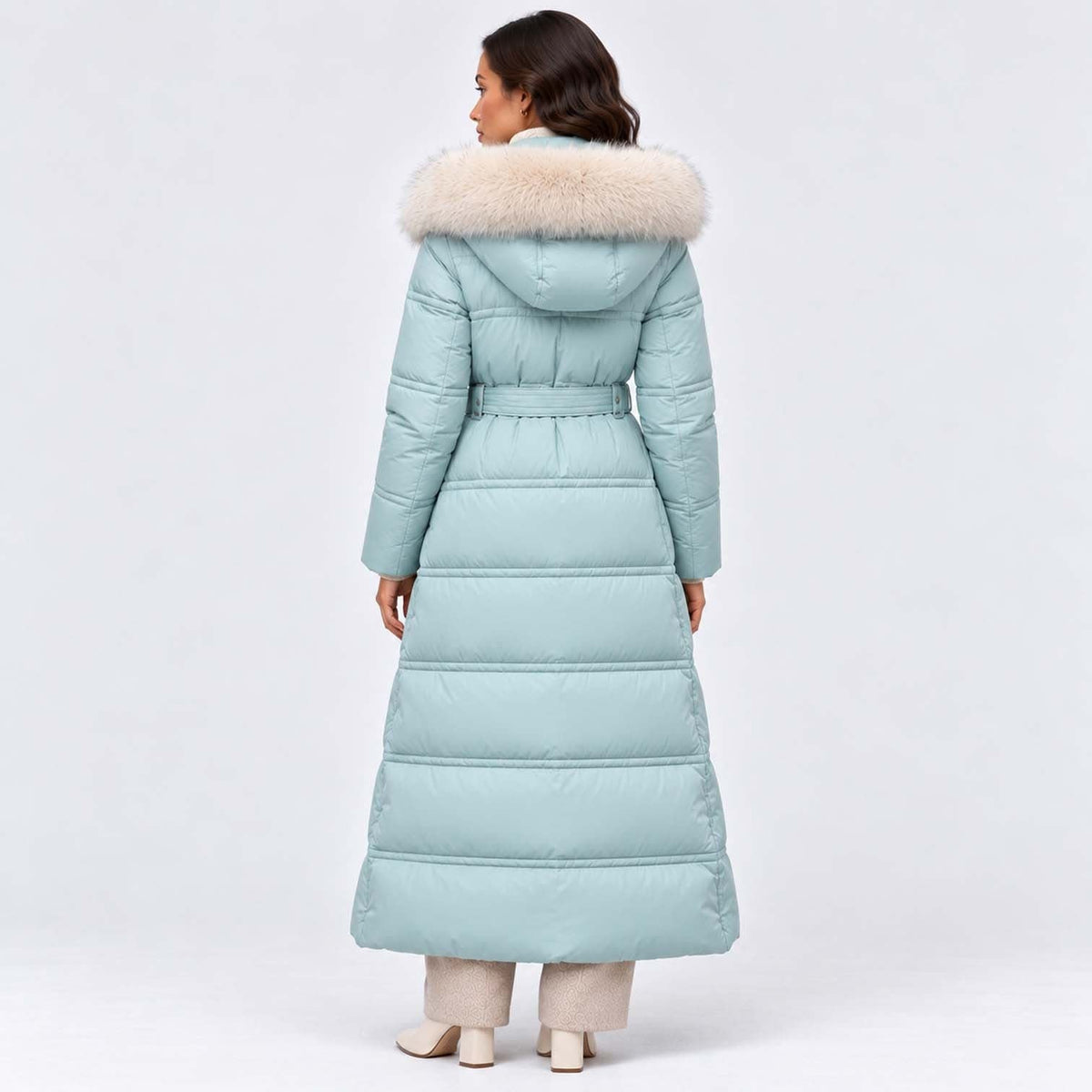 Women's Long Belted Puffer Coat With Fur Trim Hood | Nadine_20