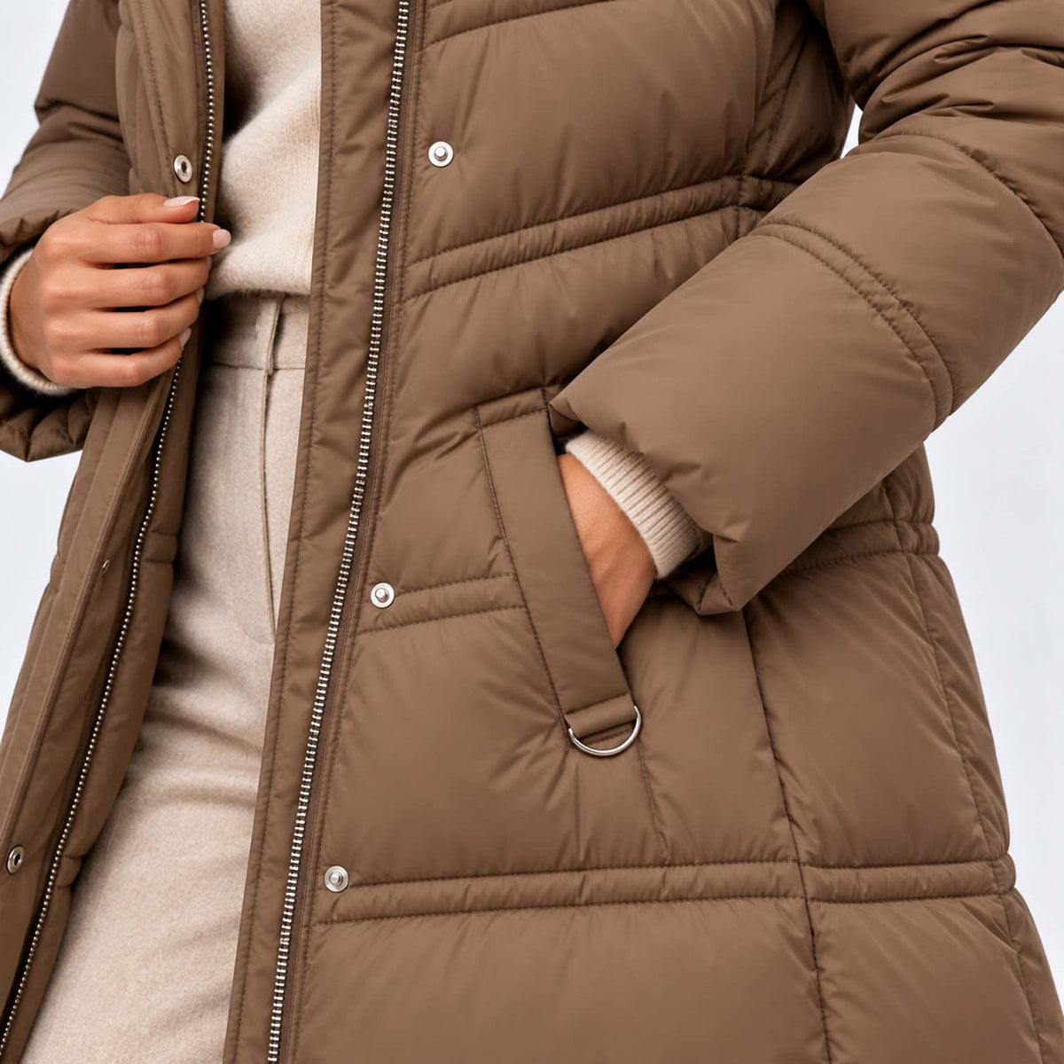 Women's Long Belted Puffer Coat With Fur Trim Hood | Nadine_29