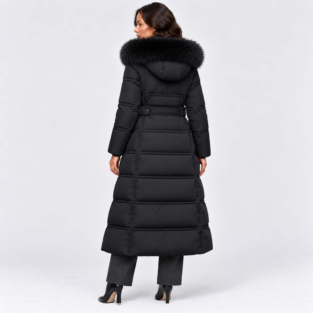 Women's Long Belted Puffer Coat With Fur Trim Hood | Nadine_3