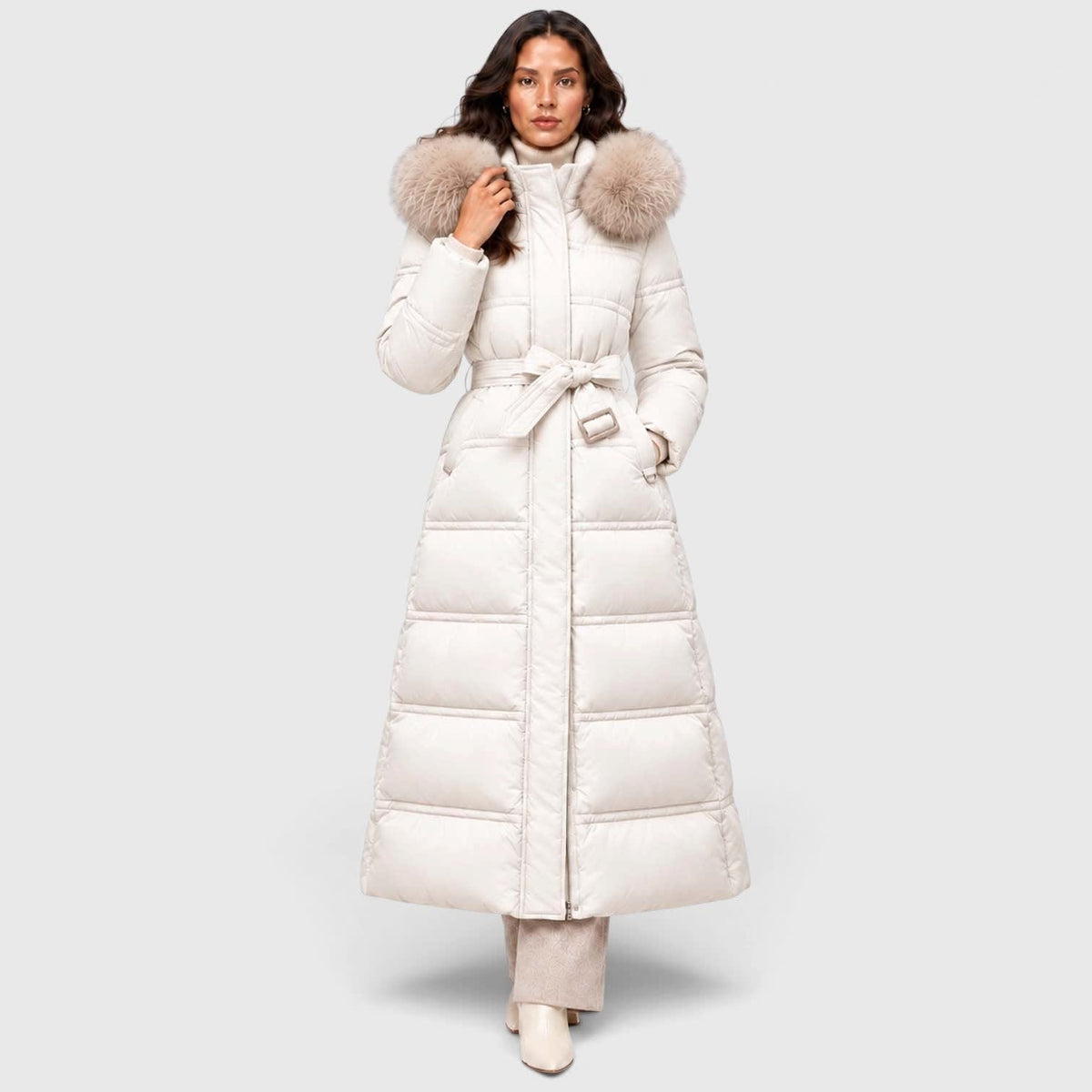 Women's Long Belted Puffer Coat With Fur Trim Hood | Nadine_31
