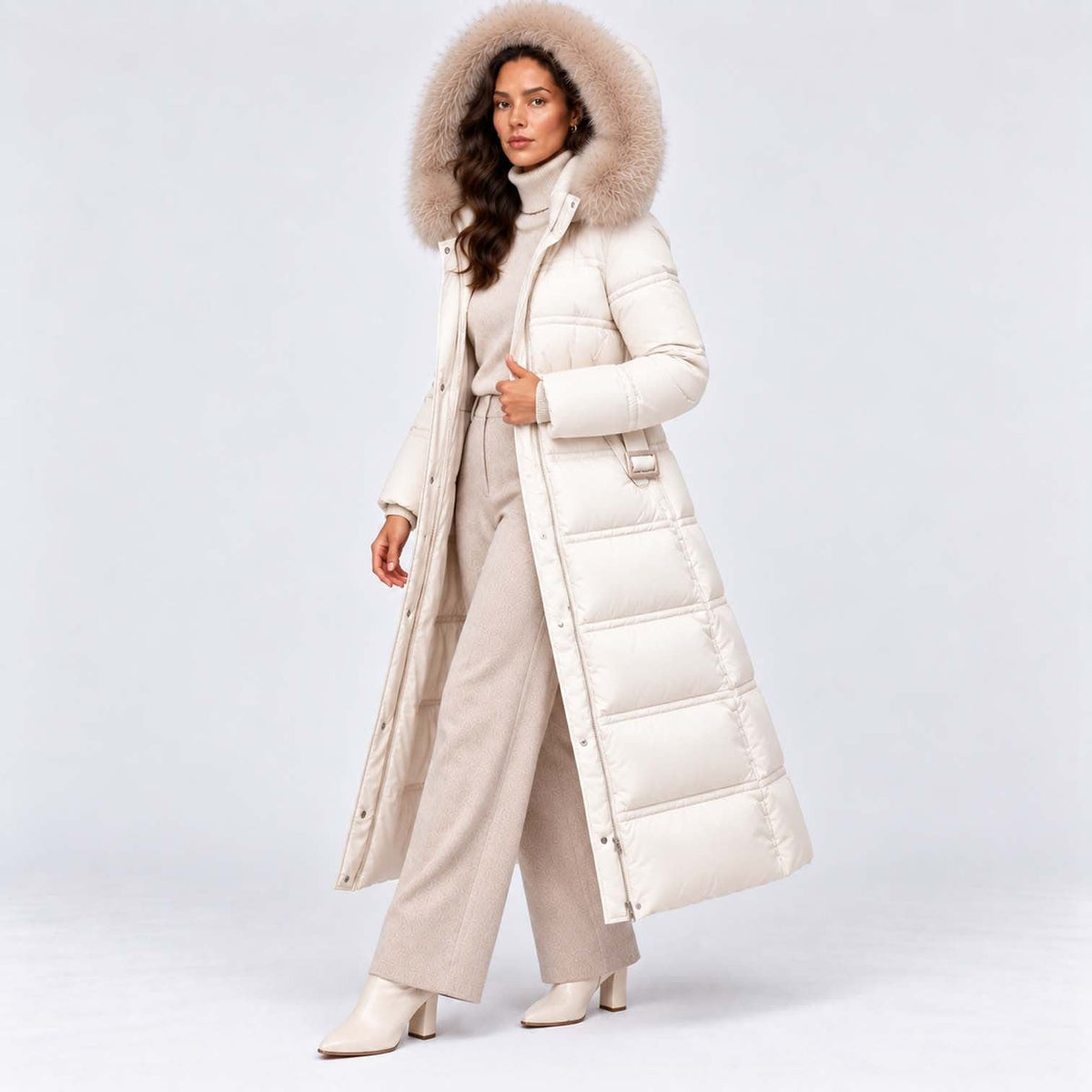 Women's Long Belted Puffer Coat With Fur Trim Hood | Nadine_32