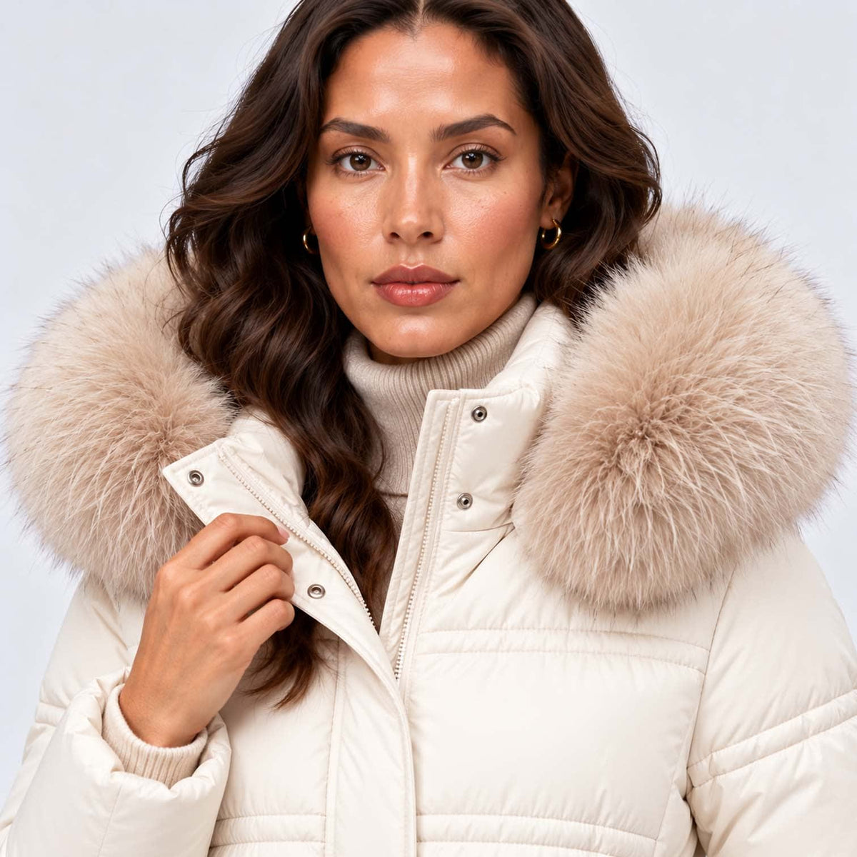 Women's Long Belted Puffer Coat With Fur Trim Hood | Nadine_33