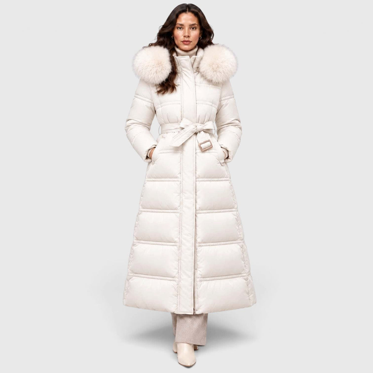 Women's Long Belted Puffer Coat With Fur Trim Hood | Nadine_34