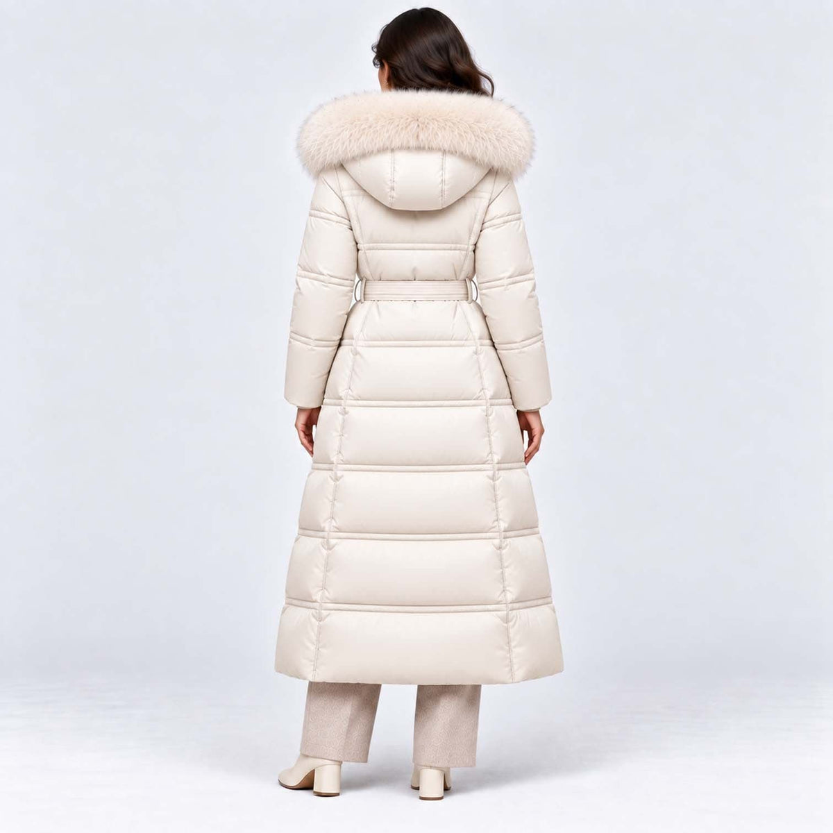 Women's Long Belted Puffer Coat With Fur Trim Hood | Nadine_35