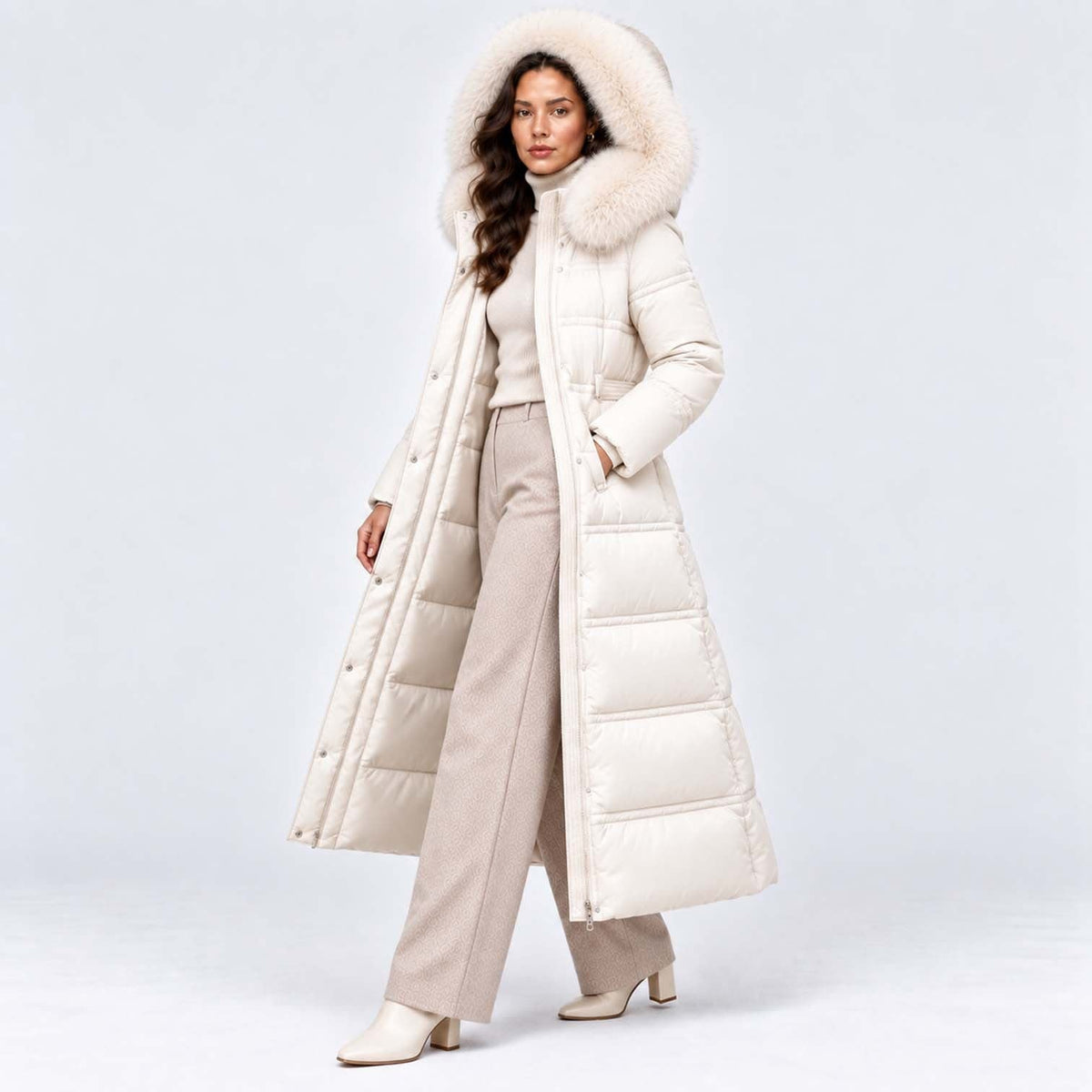 Women's Long Belted Puffer Coat With Fur Trim Hood | Nadine_36