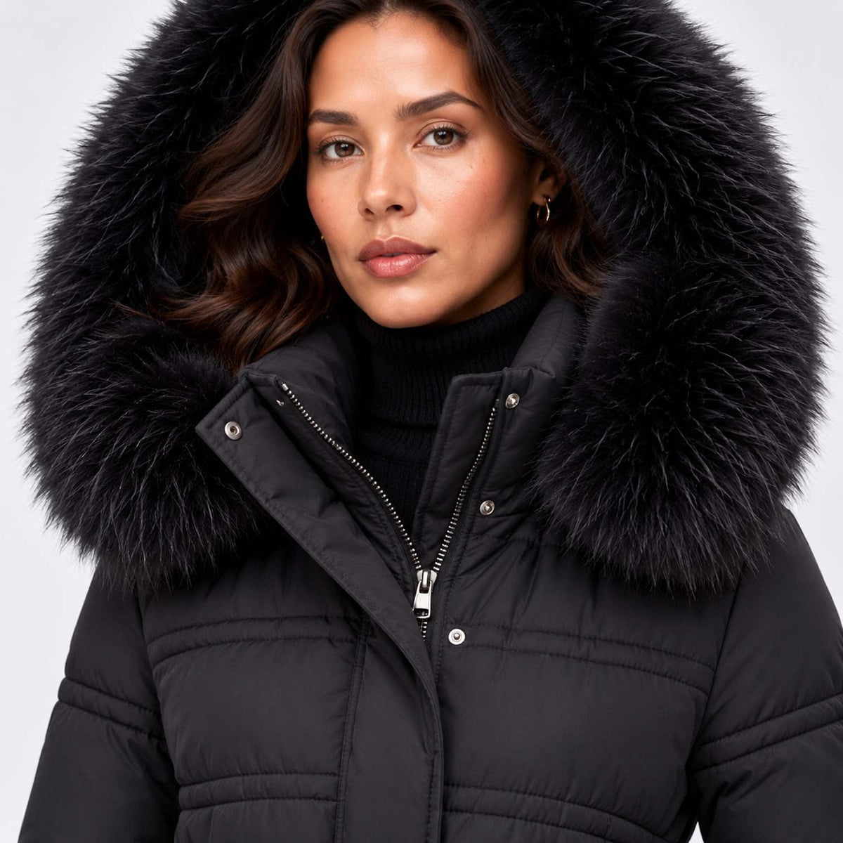Women's Long Belted Puffer Coat With Fur Trim Hood | Nadine_4