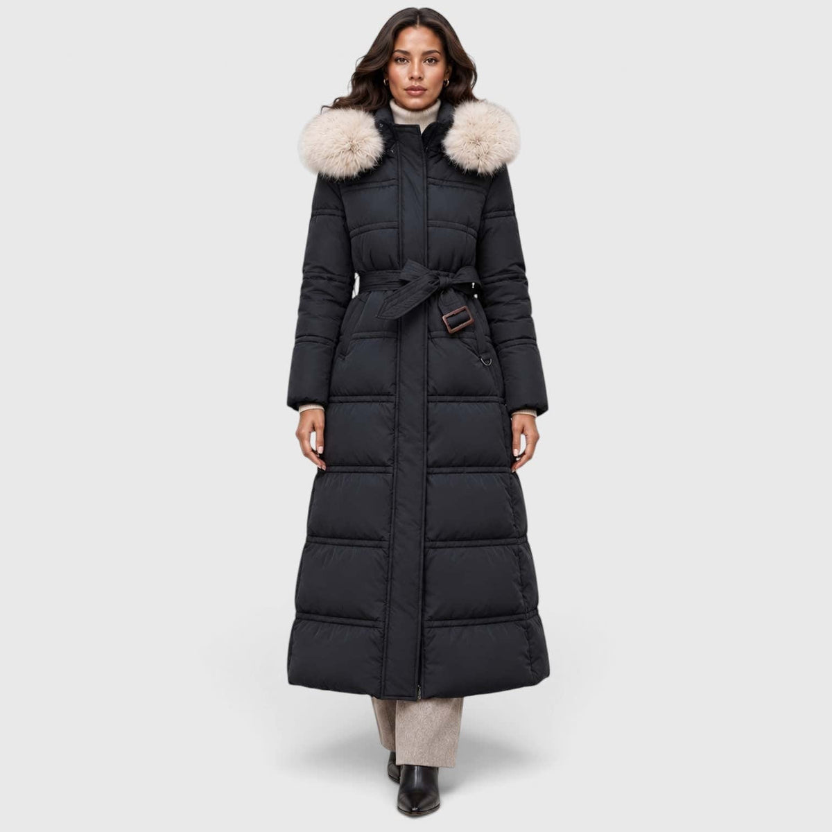 Women's Long Belted Puffer Coat With Fur Trim Hood | Nadine_7