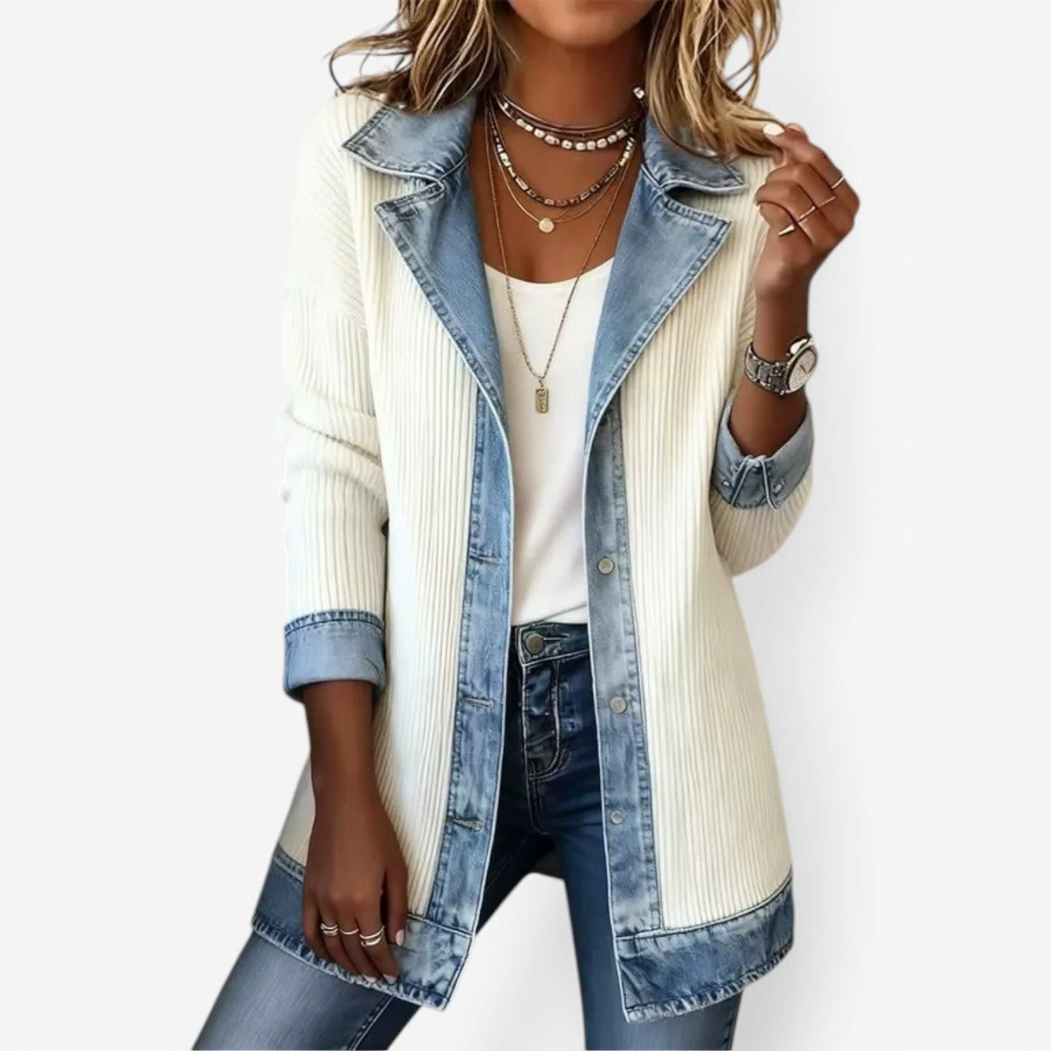 Women's Ribbed Knit Denim Mix Jacket | Skye_2