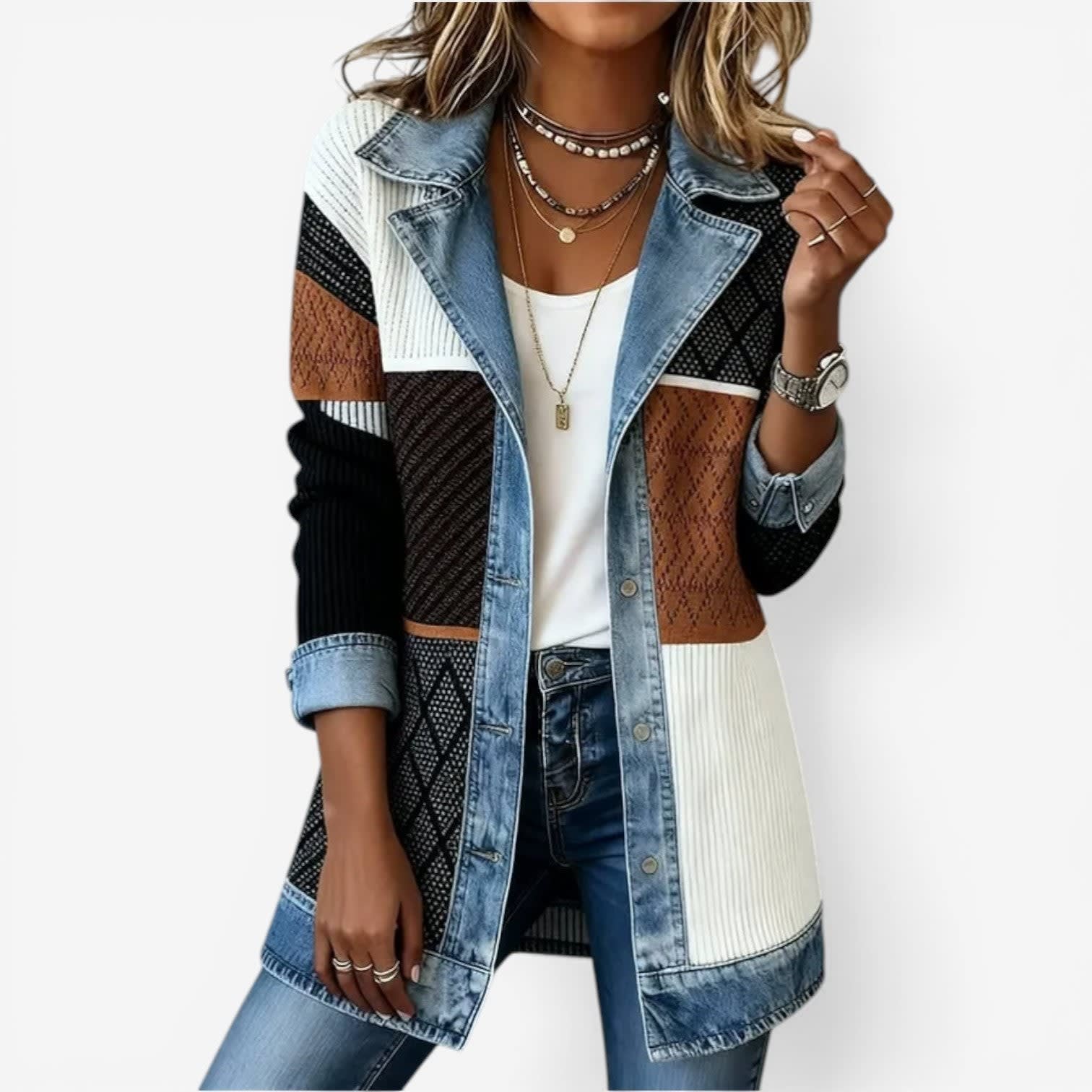Women's Ribbed Knit Denim Mix Jacket | Skye_3