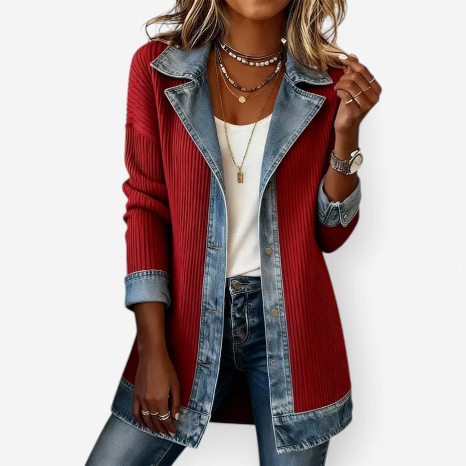 Women's Ribbed Knit Denim Mix Jacket | Skye_5