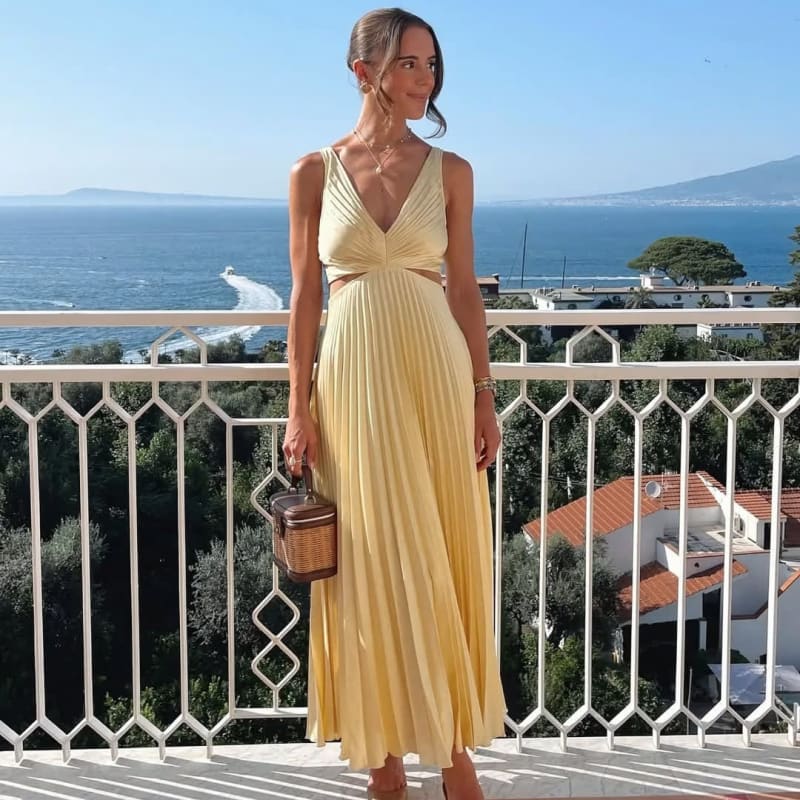 Women's Pleated V-Neck Wedding Guest Midi Dress with Cutout | Alexandra Kelly_1
