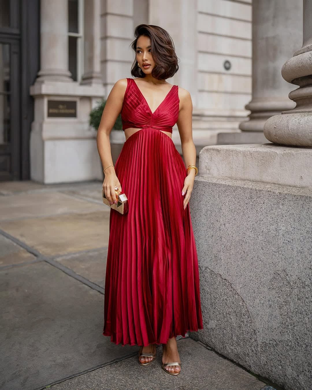 Women's Pleated V-Neck Wedding Guest Midi Dress with Cutout | Alexandra Kelly_4