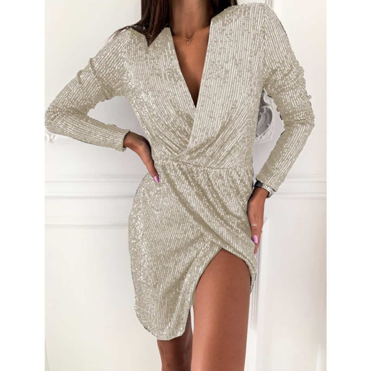 Women's Sequin Wrap Long Sleeve Cocktail Dress | Joanna_10