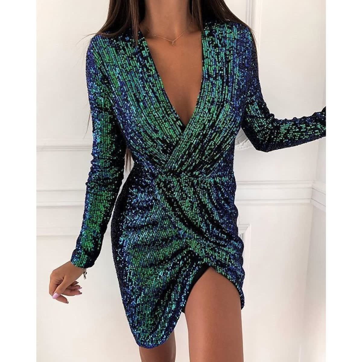 Women's Sequin Wrap Long Sleeve Cocktail Dress | Joanna_8