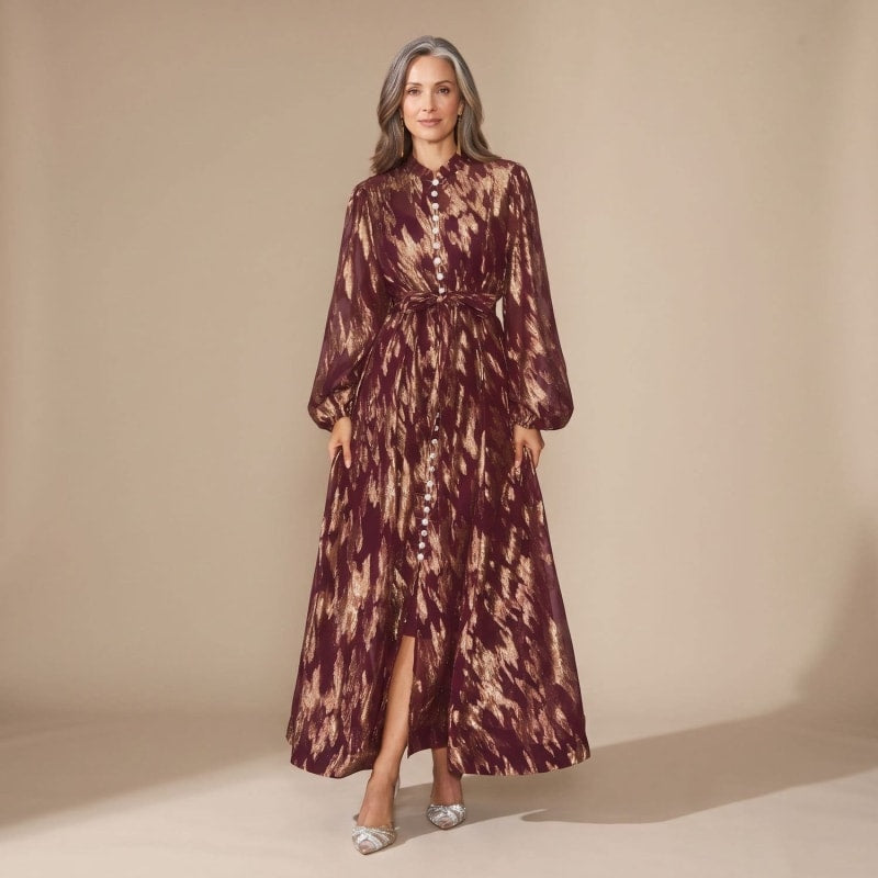 Women's Metallic Button Front Maxi Party Dress | Sarah_1