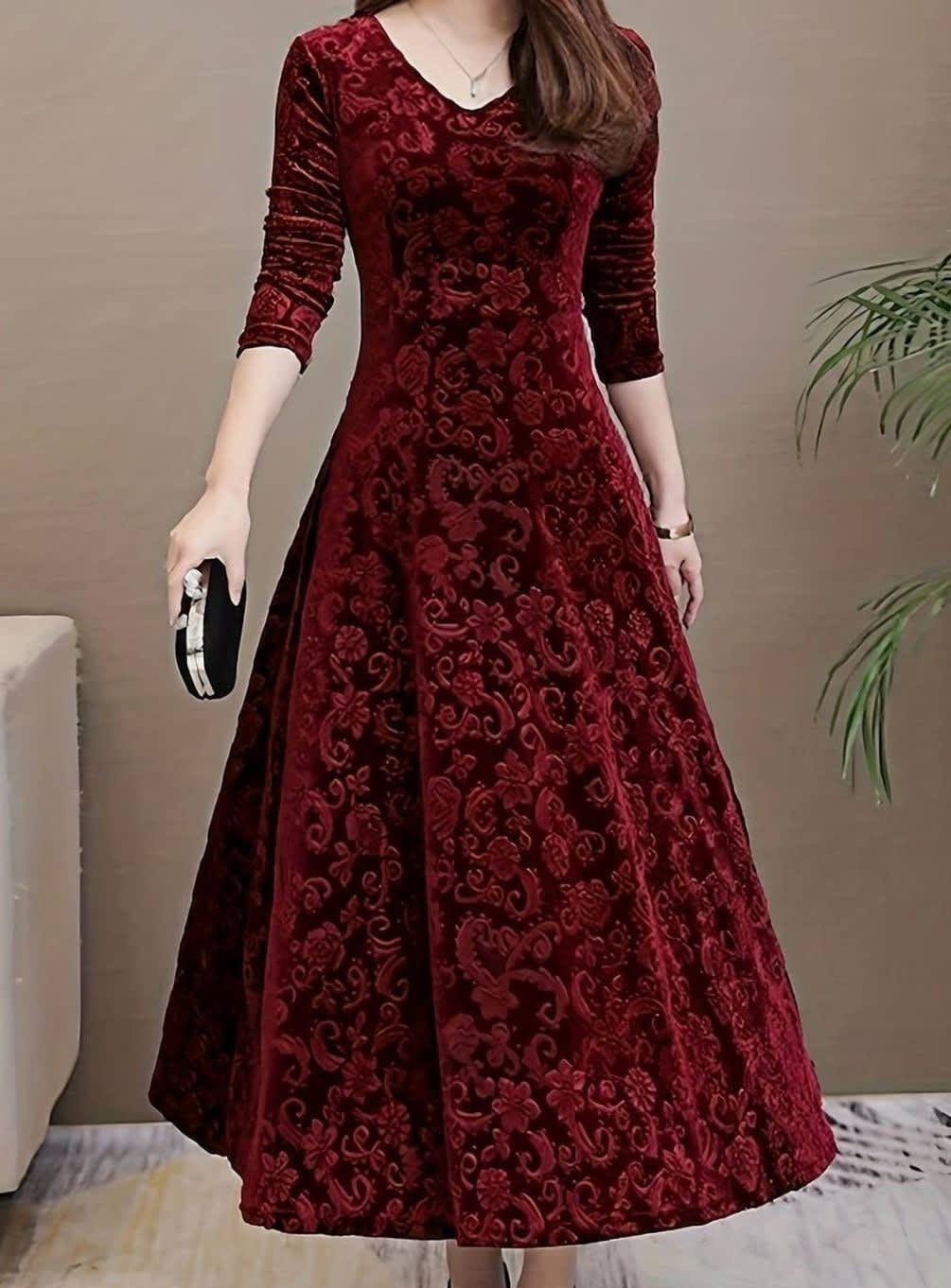 Women's Velvet Floral Midi Party Dress | Isabel_2