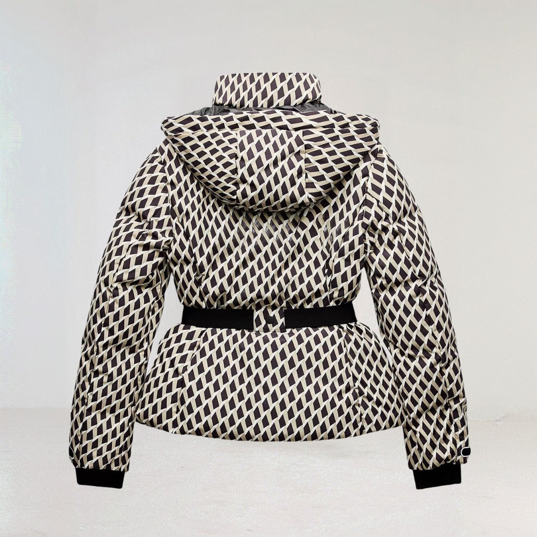 Women's Geometric Print Belted Ski Jacket For Winter | Eva_4