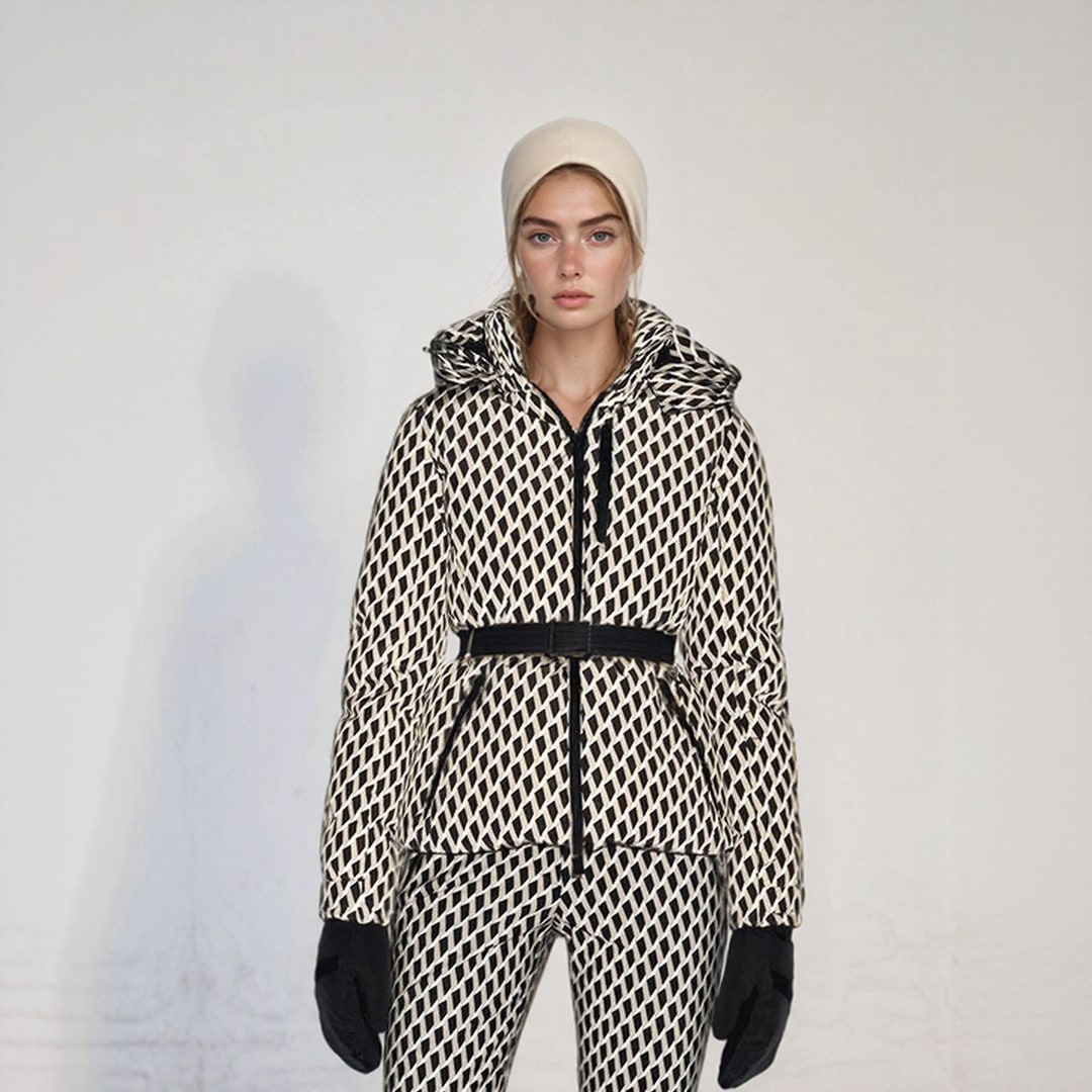 Women's Geometric Print Belted Ski Jacket For Winter | Eva_7