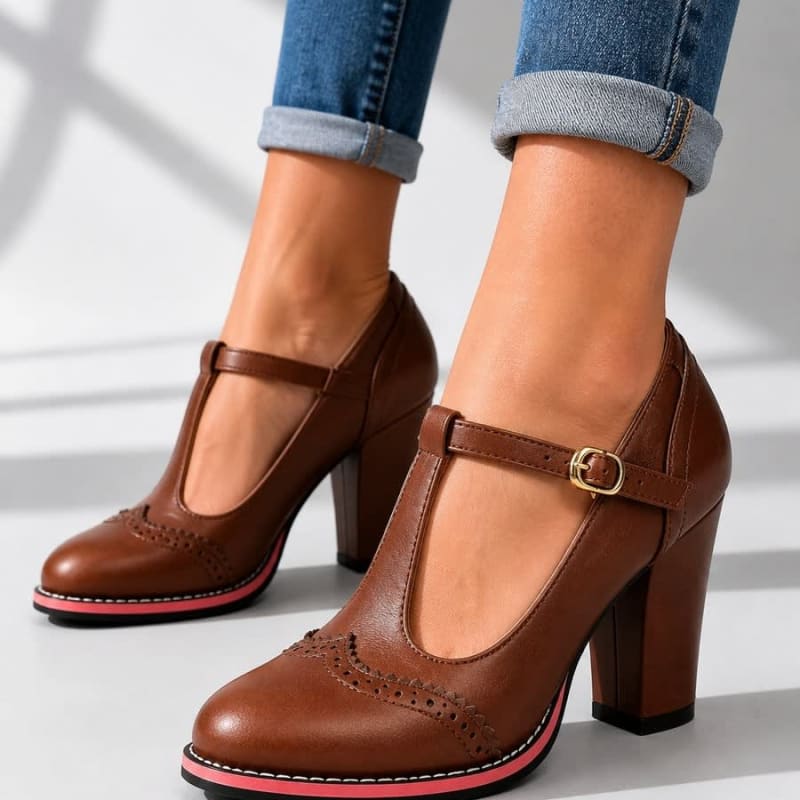 Women's Faux Leather Brogue Block Heels | Claudia_1