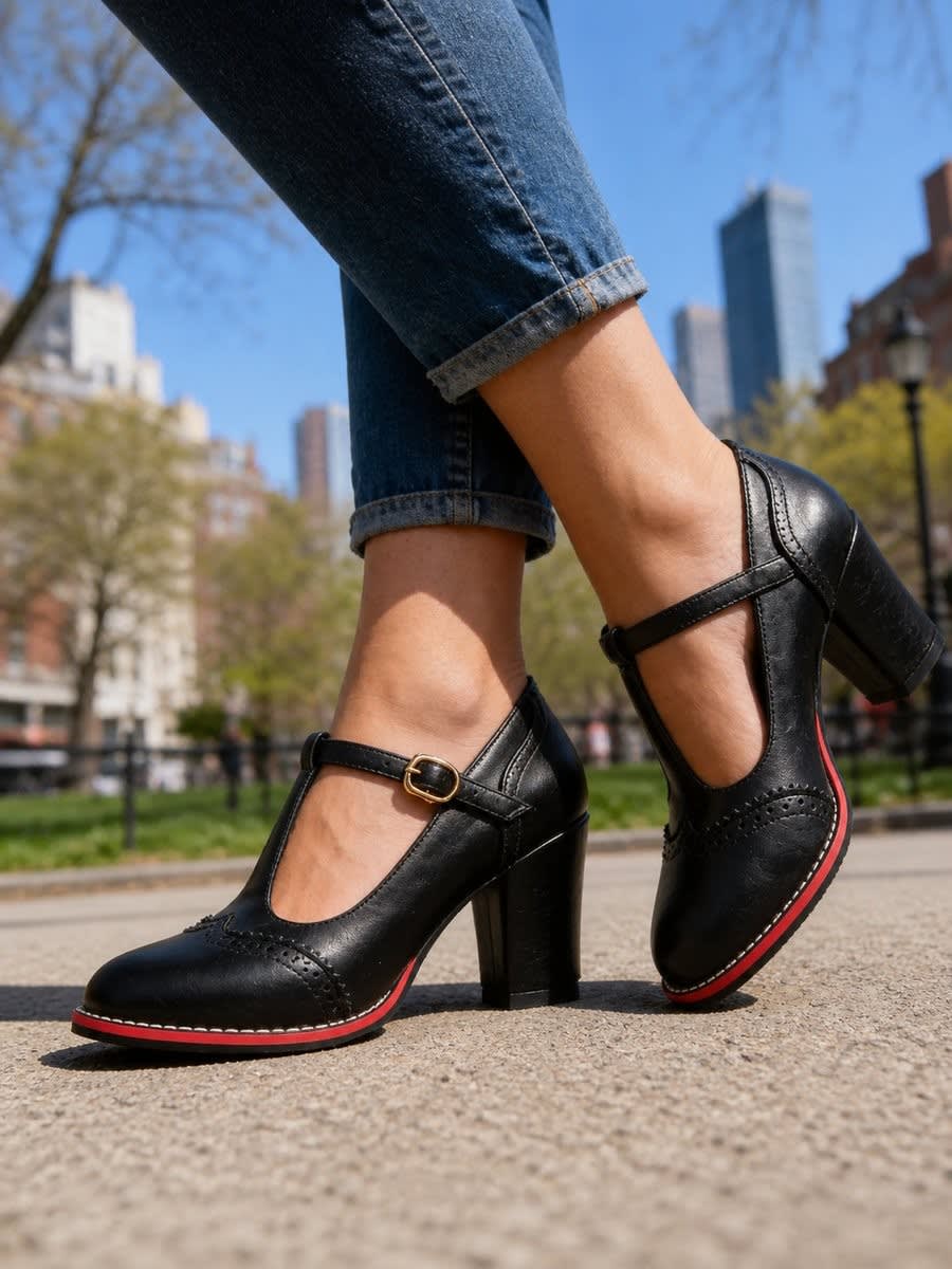 Women's Faux Leather Brogue Block Heels | Claudia_5