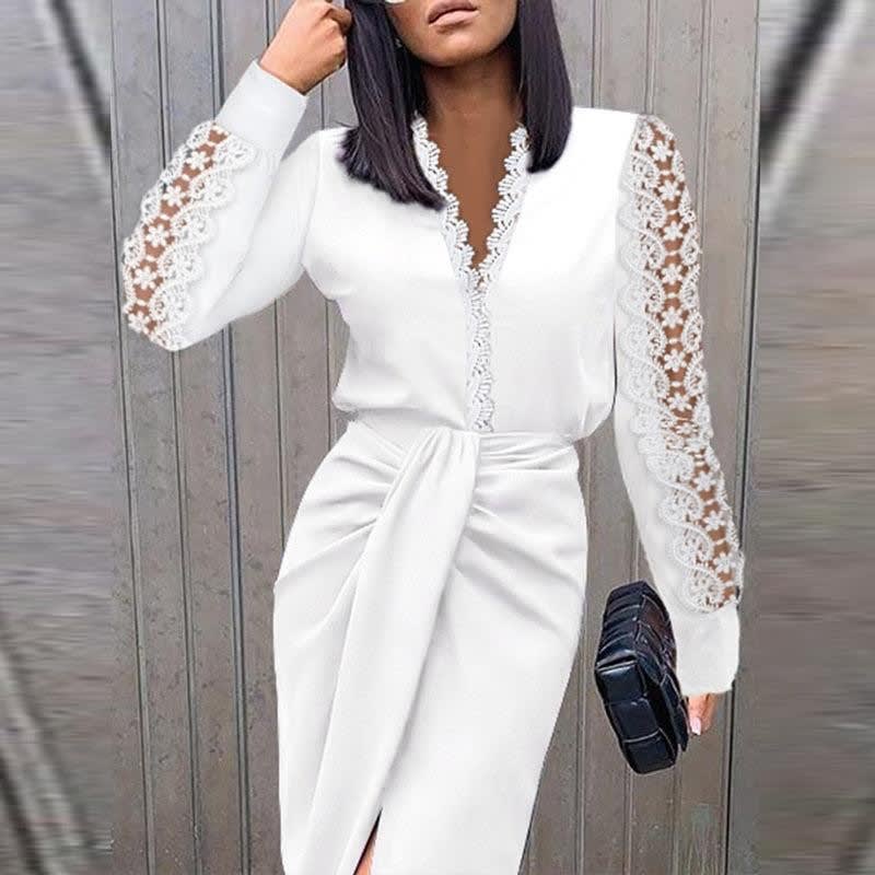 Women's Lace Sleeve V-Neck Midi Dress | Lucia_2