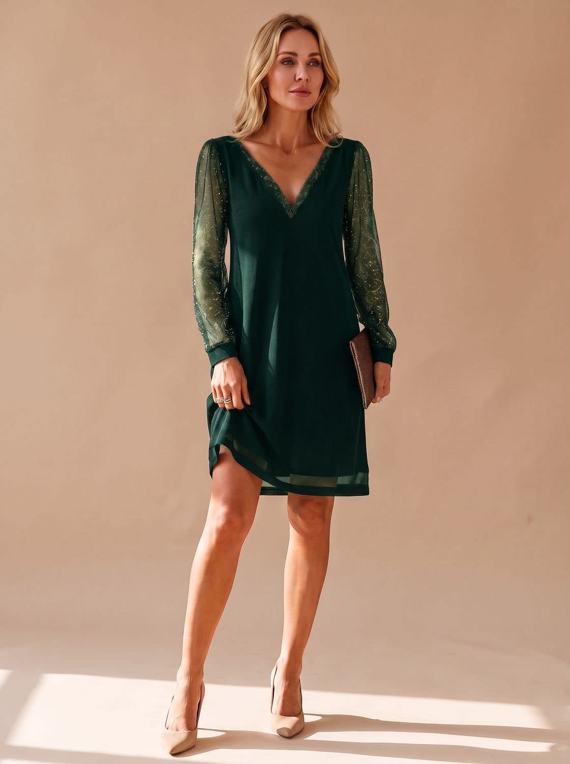 Women's Glitter Mesh Sleeve Christmas Party Mini Dress | Carys_3