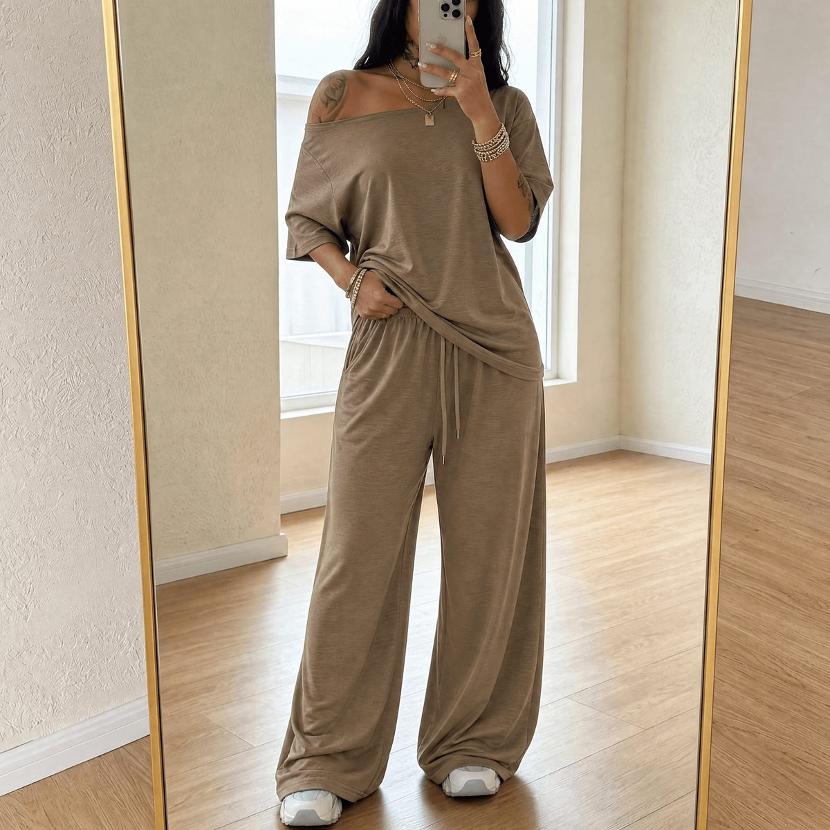 Women's Off-Shoulder Wide Leg Lounge Set | Lynne_13