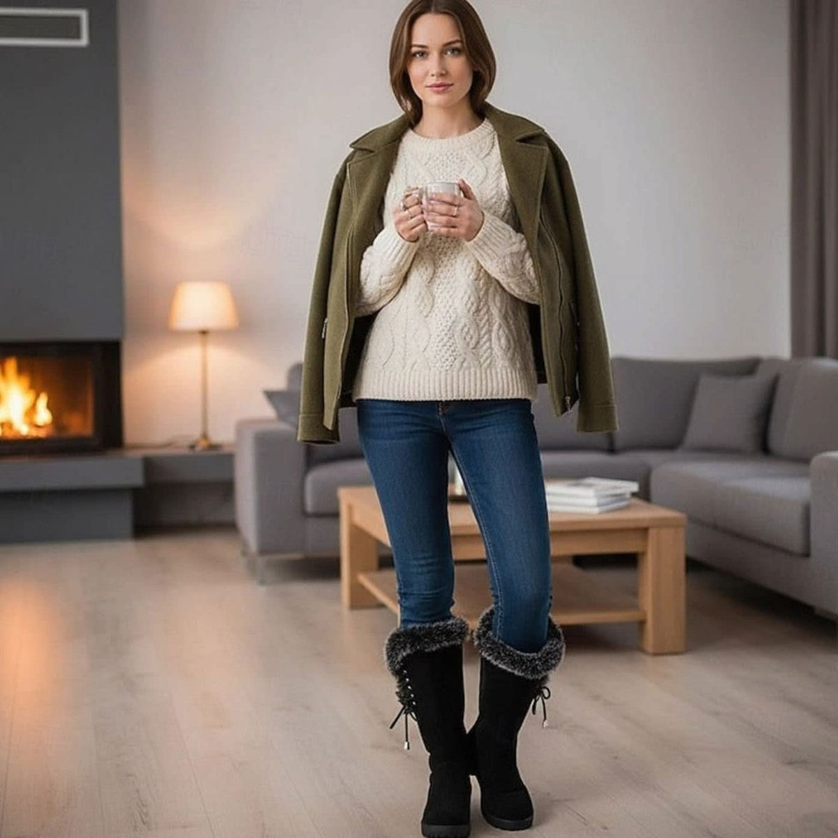 Women's Fur Trim Lace-Back Winter Snow Boots | Nina_8