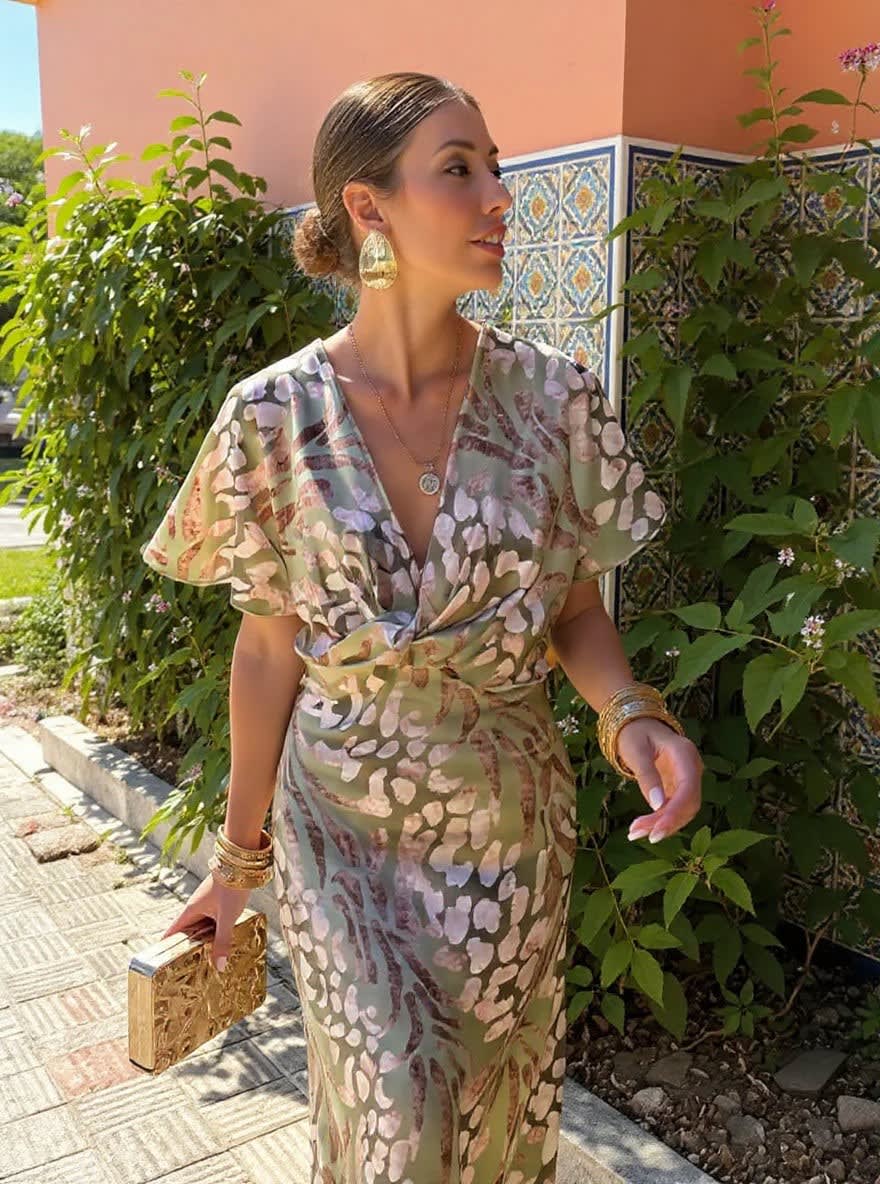 Women's Printed Wrap Wedding Guest Midi Dress | Samantha_7