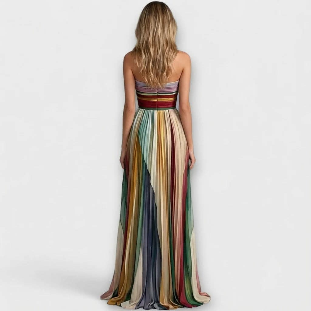 Women's Strapless Rainbow Pleated Wedding Guest Maxi Dress | Hazel Brooks_2