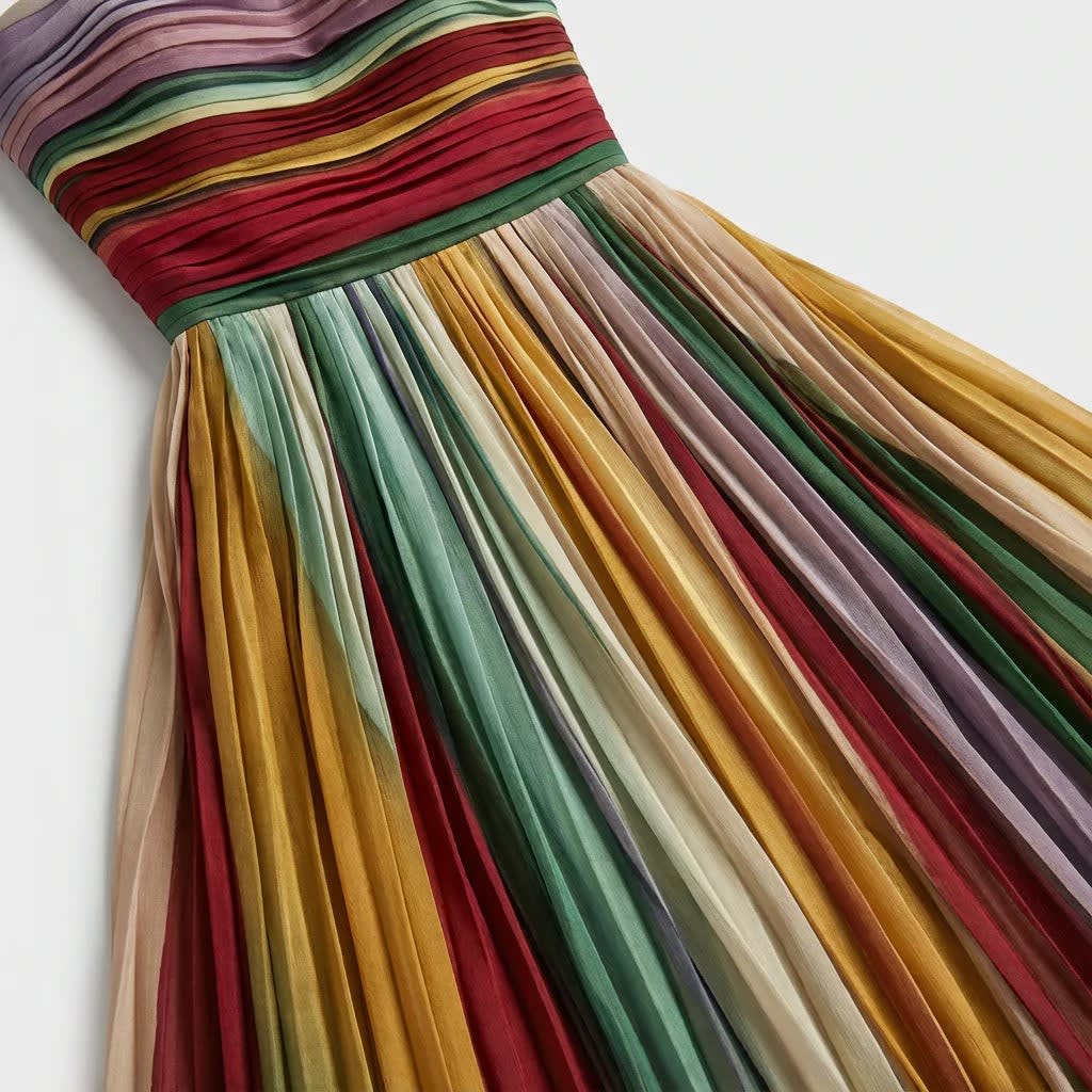 Women's Strapless Rainbow Pleated Wedding Guest Maxi Dress | Hazel Brooks_3