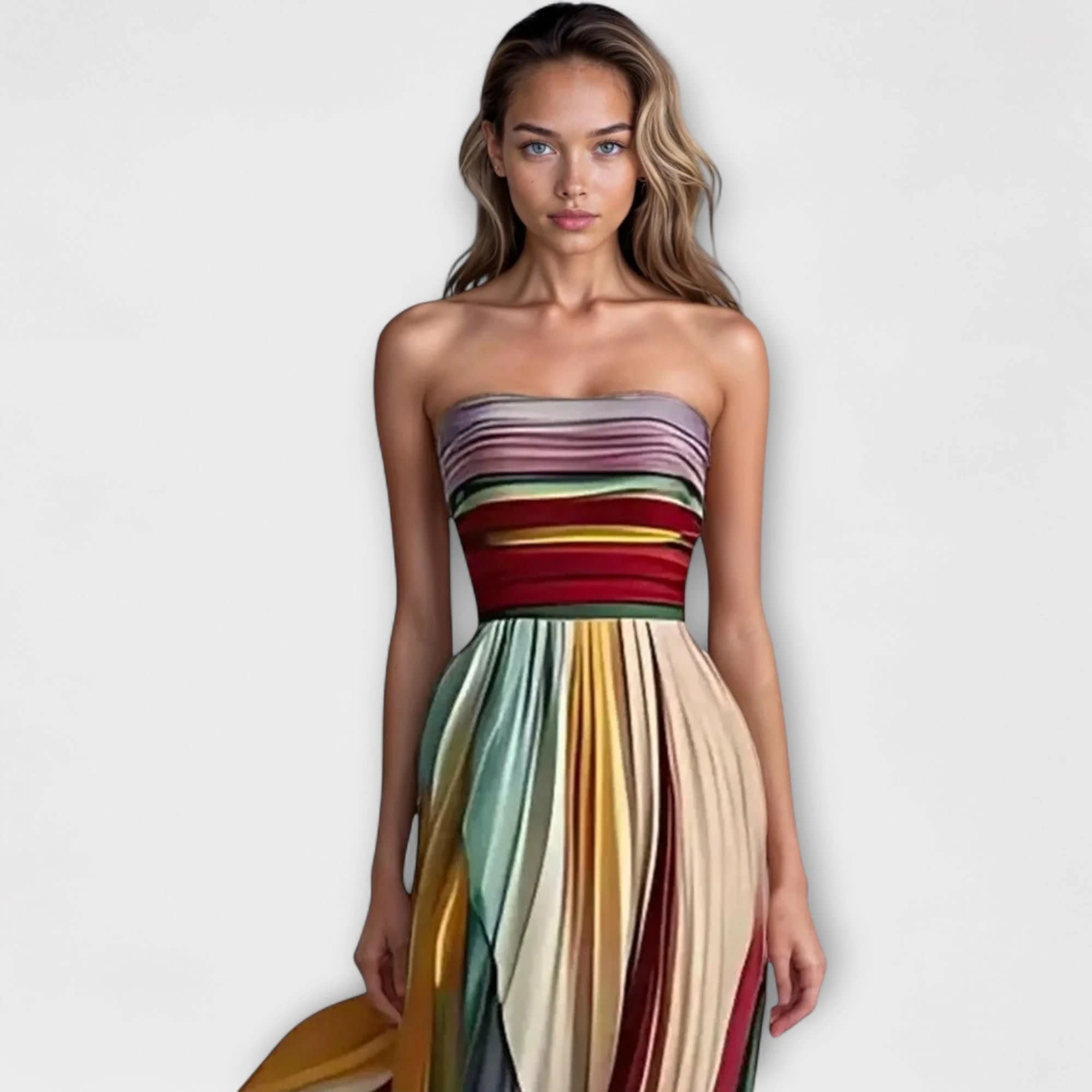 Women's Strapless Rainbow Pleated Wedding Guest Maxi Dress | Hazel Brooks_4