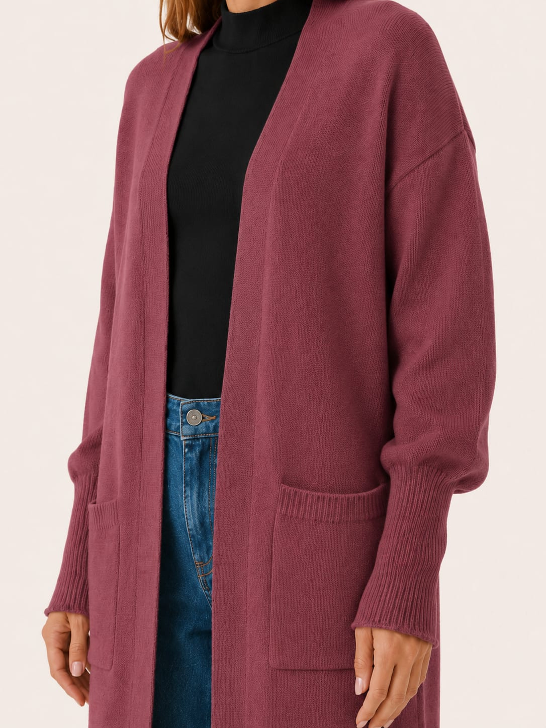 Women's Longline Knit Cardigan with Balloon Sleeves and Pockets | Claire Porter_4