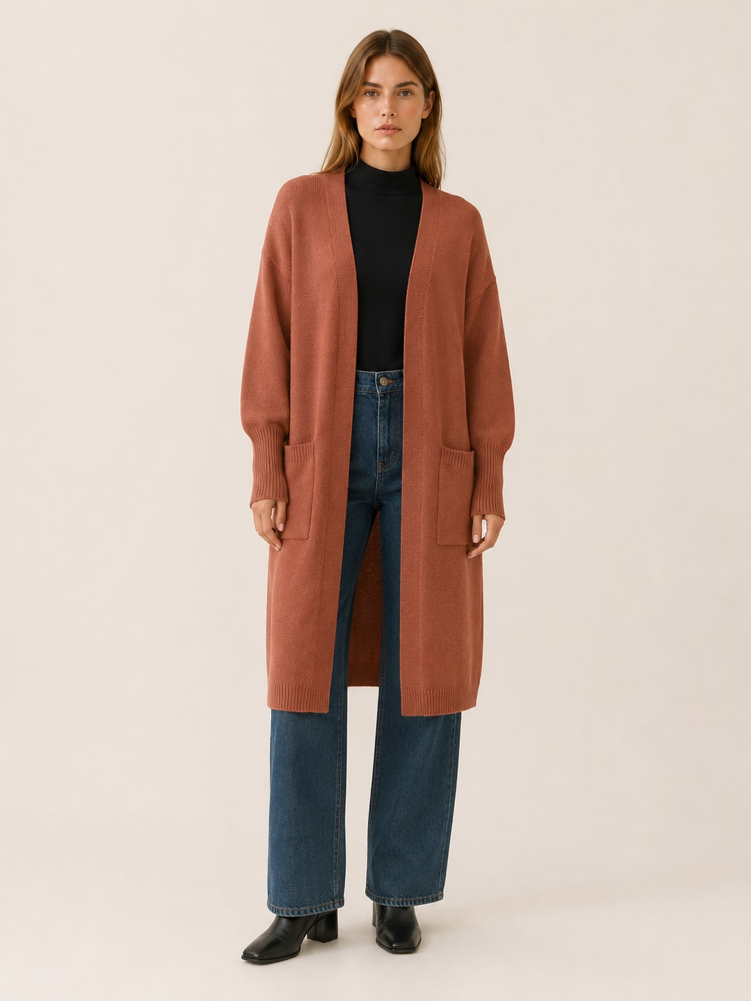 Women's Longline Knit Cardigan with Balloon Sleeves and Pockets | Claire Porter_6