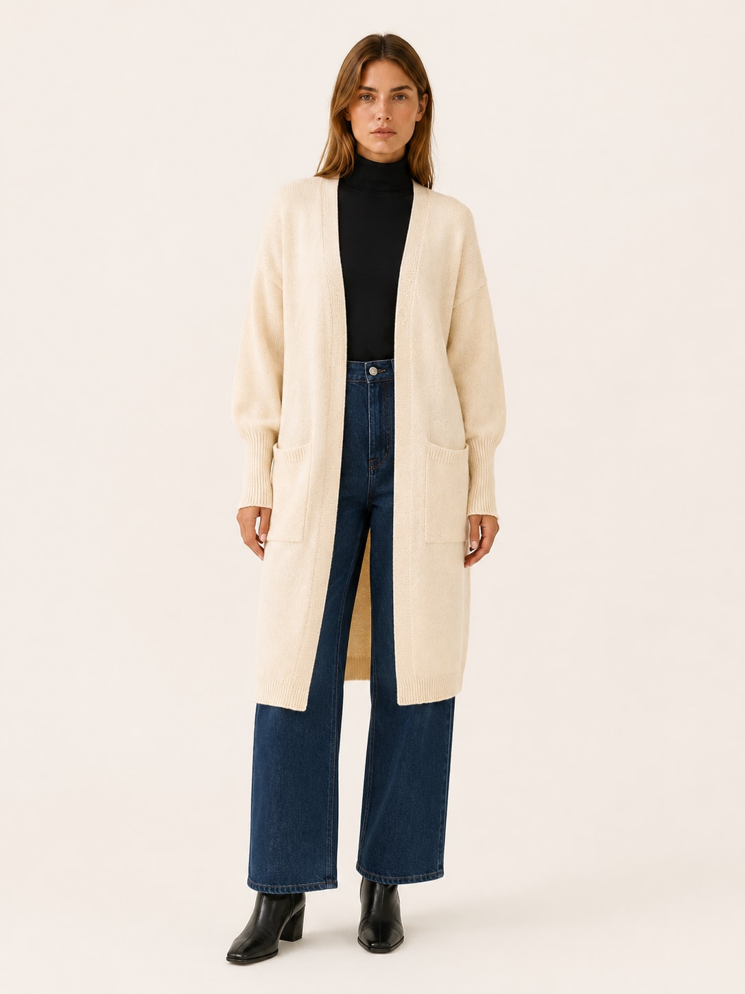 Women's Longline Knit Cardigan with Balloon Sleeves and Pockets | Claire Porter_9