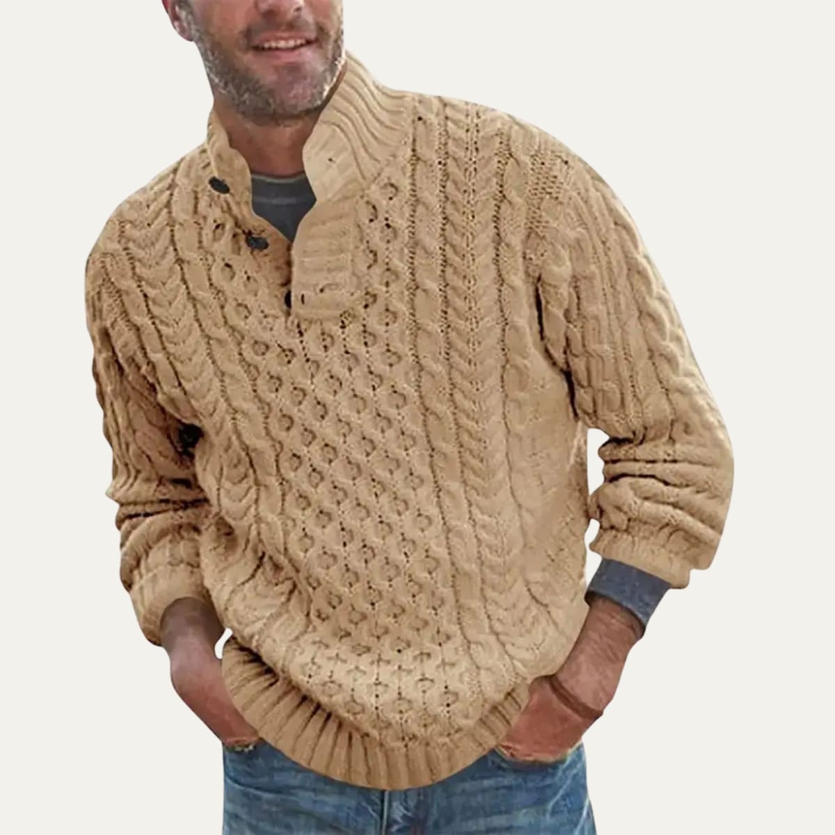 Men's Cable Knit Button Neck Jumper | Johnny_2