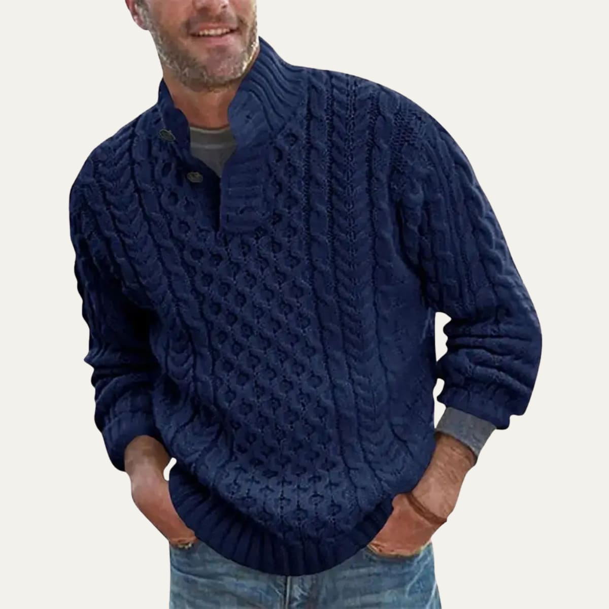 Men's Cable Knit Button Neck Jumper | Johnny_4