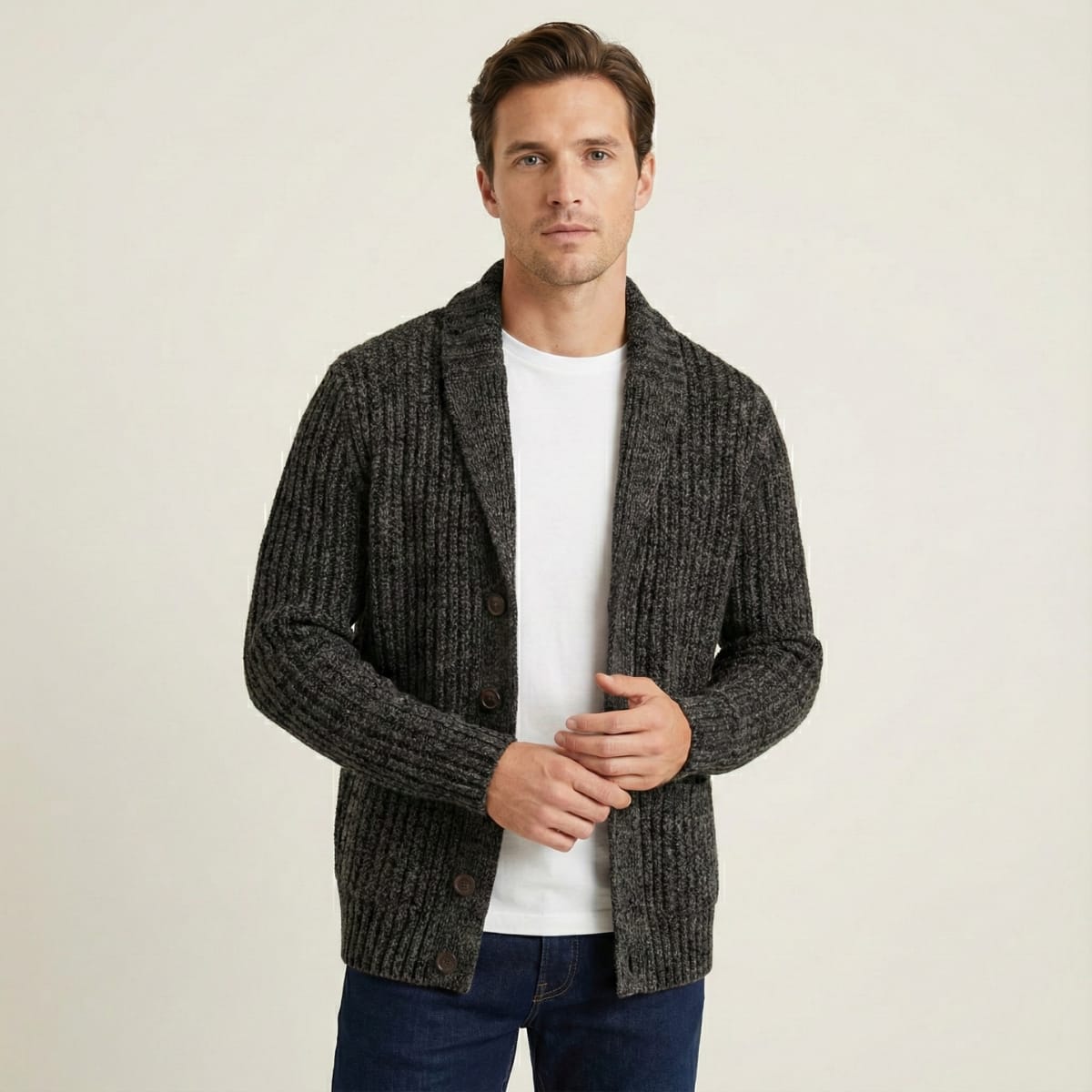Men's Ribbed Shawl Collar Cardigan | Ollie_10