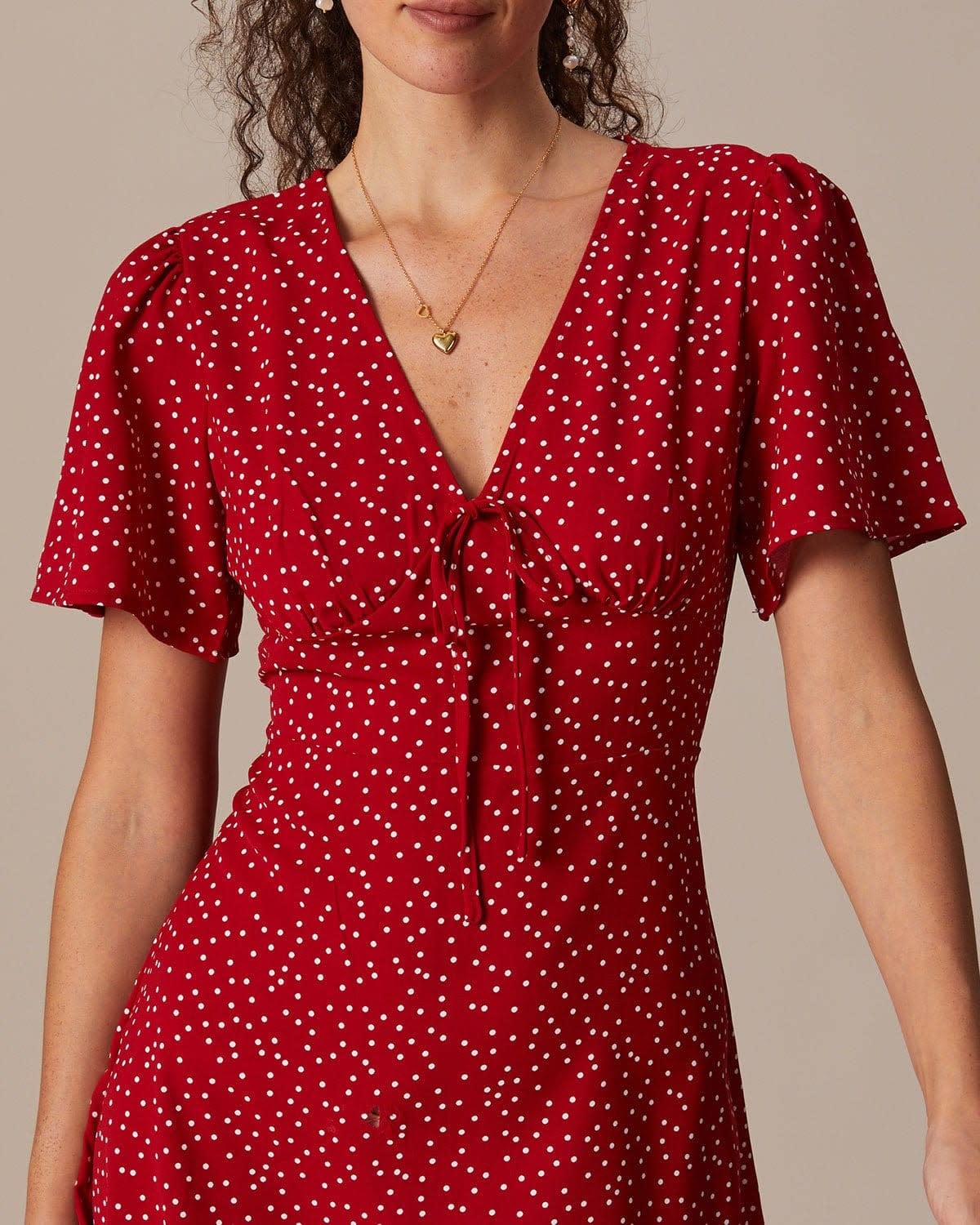 Women's Red V-Neck Ruffle Polka Dot Dress | Penelope_2