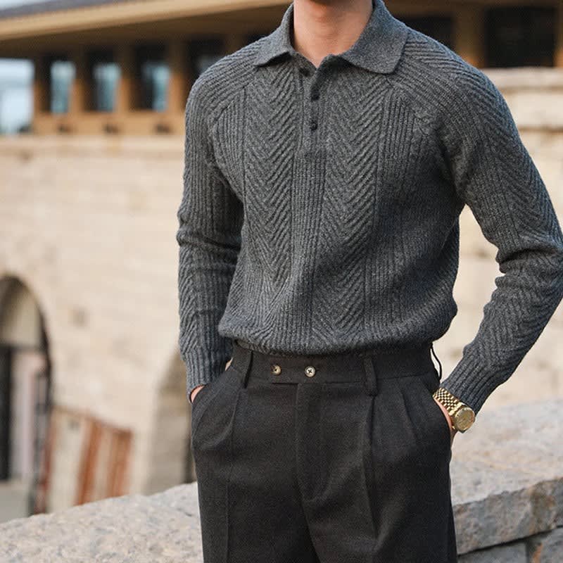 Men's Cable Knit Long Sleeve Polo | Hywel_2