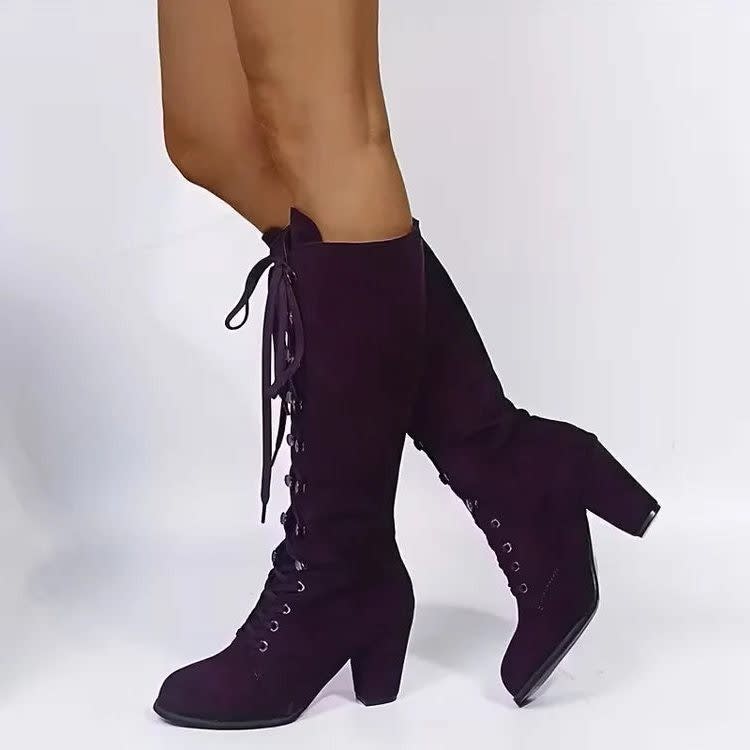 Women's Suede Lace Up Knee High Boots | Polly_10