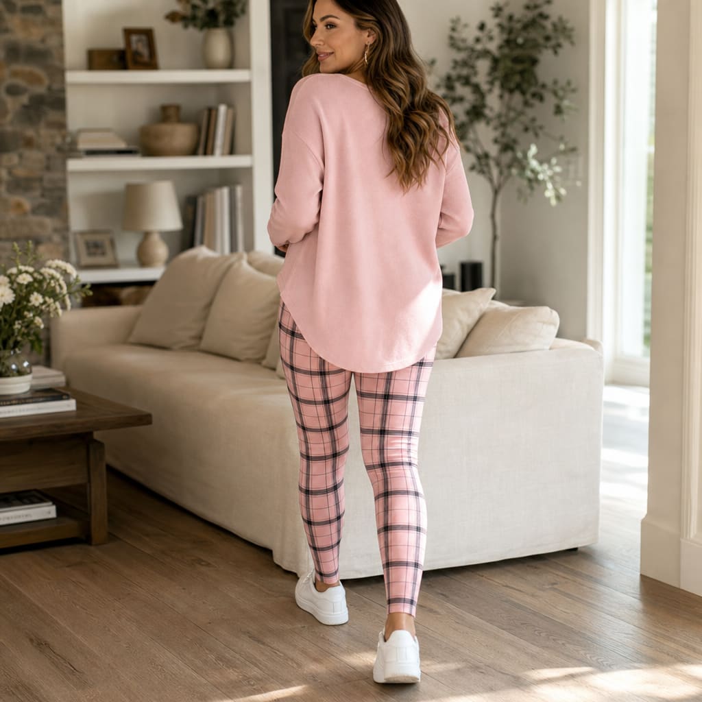 Women's V-Neck Knit Plaid Leggings Set | Lexi_4