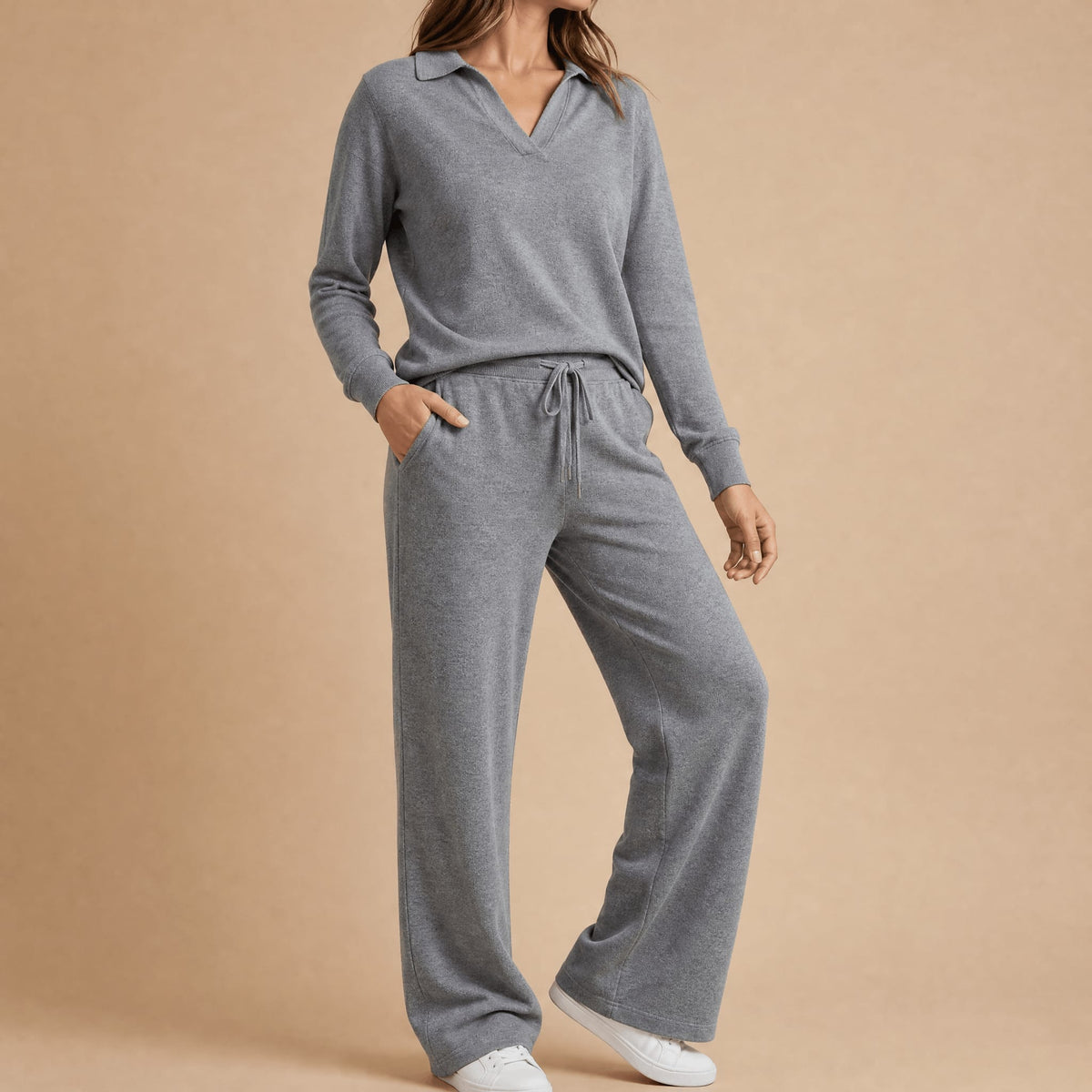Women's V-Neck Collared Wide Leg Lounge Set | Sandra_11