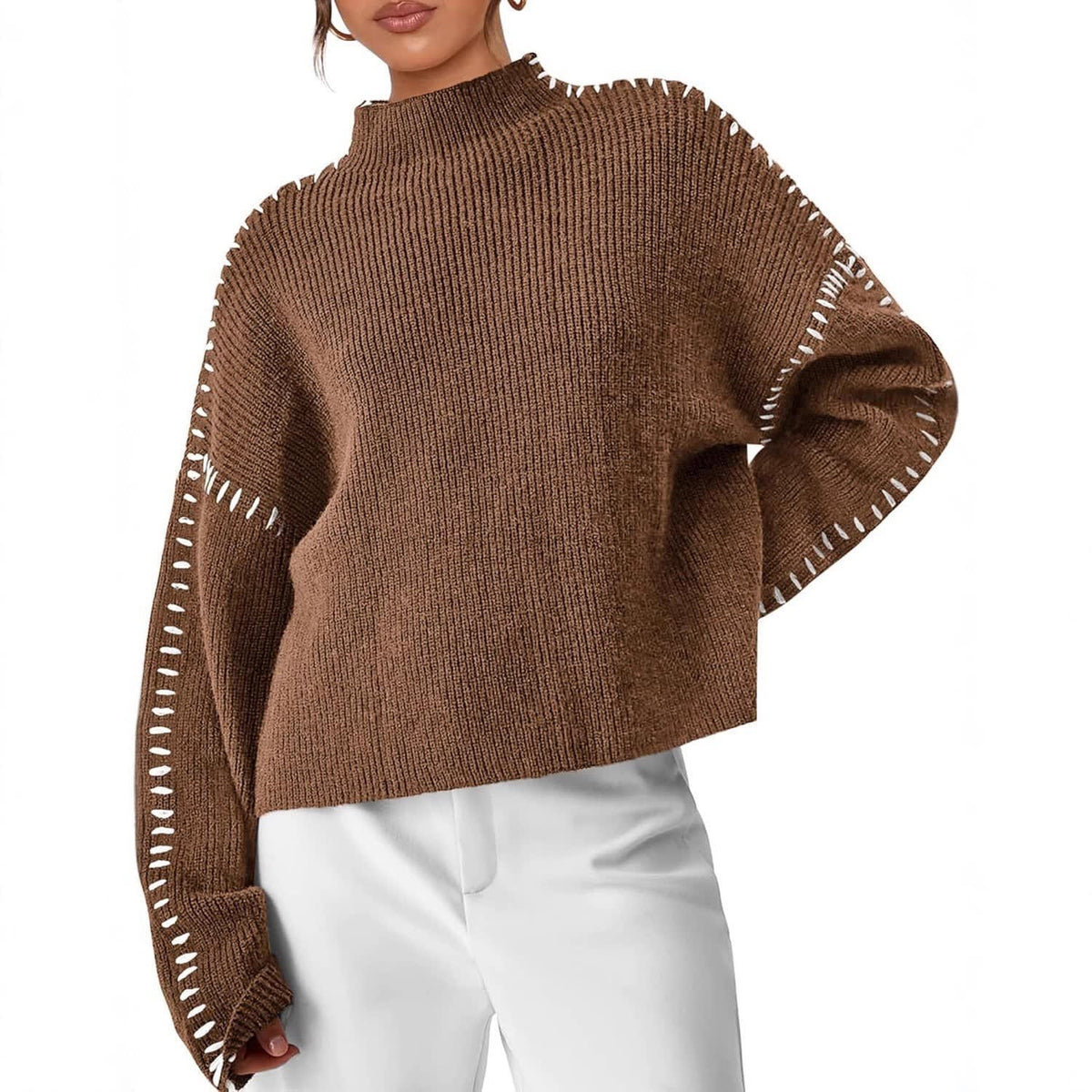Women's Oversized Whipstitch Mock Neck Jumper | Nadia_11