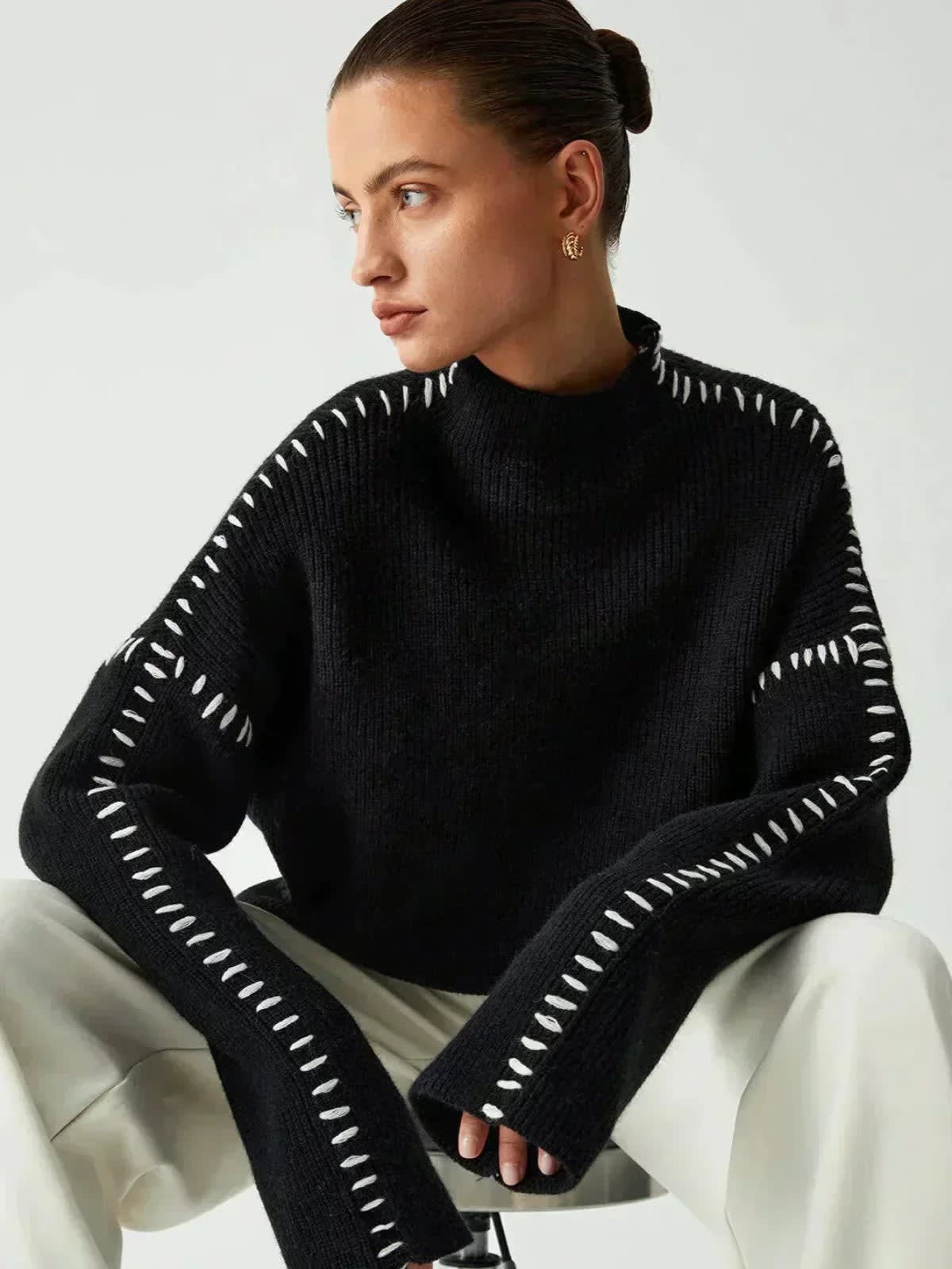 Women's Oversized Whipstitch Mock Neck Jumper | Nadia_4