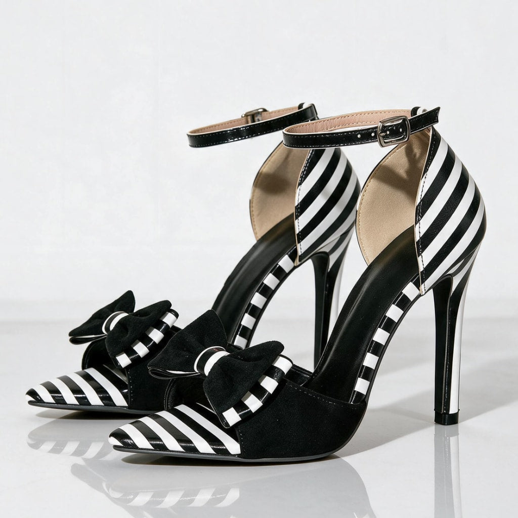 Women's Striped Bow Pointed Heels | Grania_5