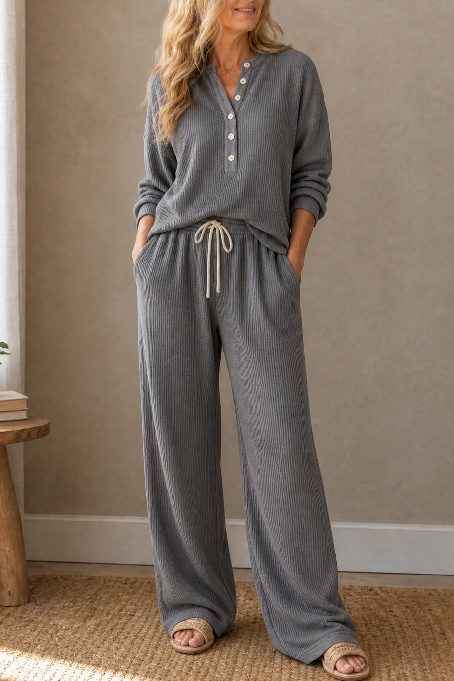 Women's Waffle Knit Henley Lounge Set | Joy_10