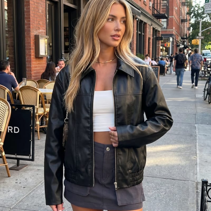 Women's Faux Leather Bomber Jacket | Hafwen_1